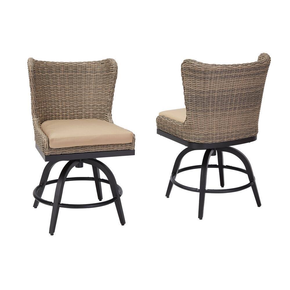 Home Decorators Collection Hazelhurst Brown Wicker Outdoor Patio Swivel High Dining Chairs with CushionGuard Almond Tan Cushions