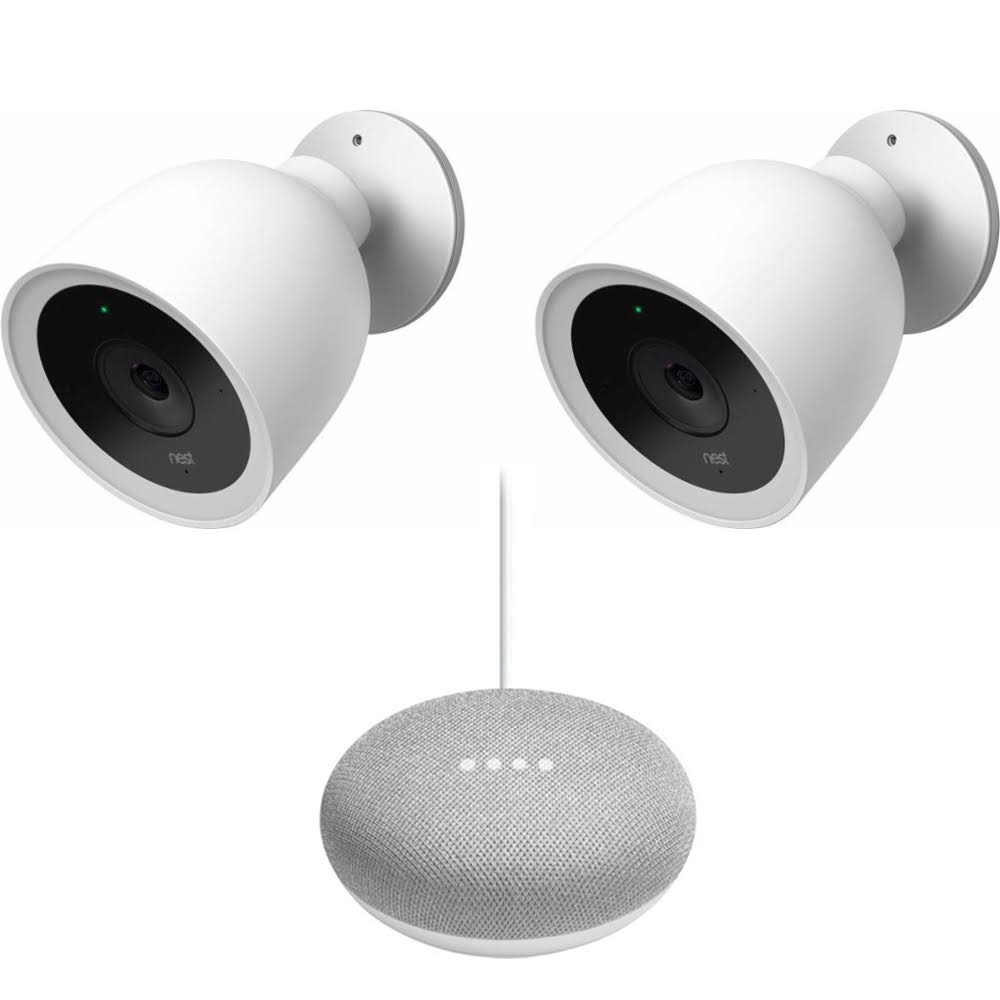 Nest IQ Wired Outdoor Security Camera 2 Pack + Mini Smart Speaker Chalk NC4200US