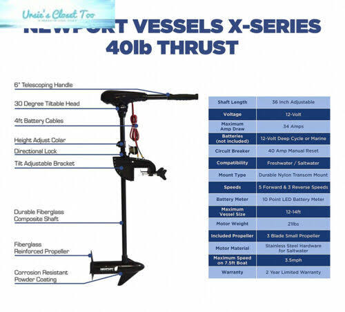 Newport Vessels X-Series 40lb Thrust Transom Mounted Saltwater Electric Trolling Motor w/ LED Battery Indicator (36x22 SHAFT)
