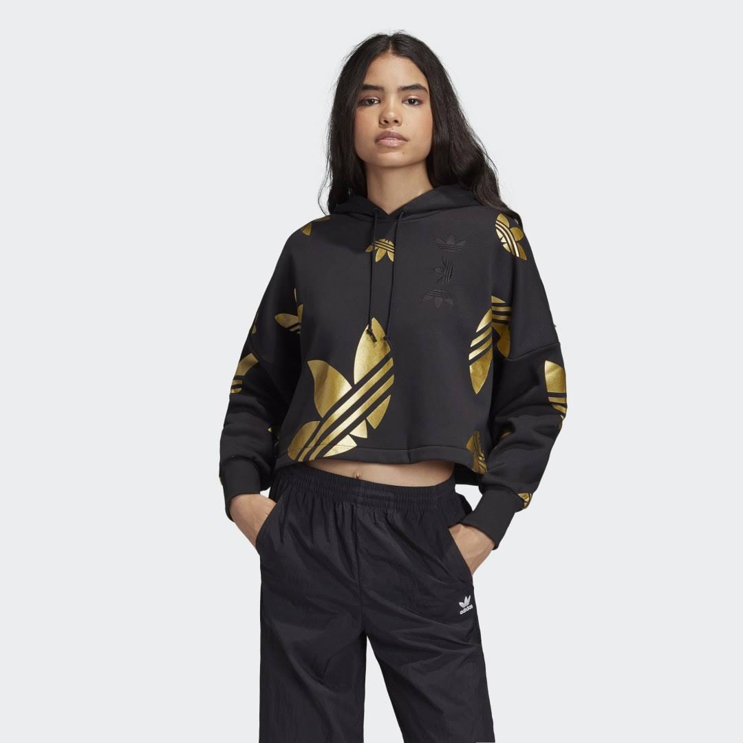 Adidas - Women's Originals Large Logo Cropped Pullover Hoodie (Black | Gold Metallic)