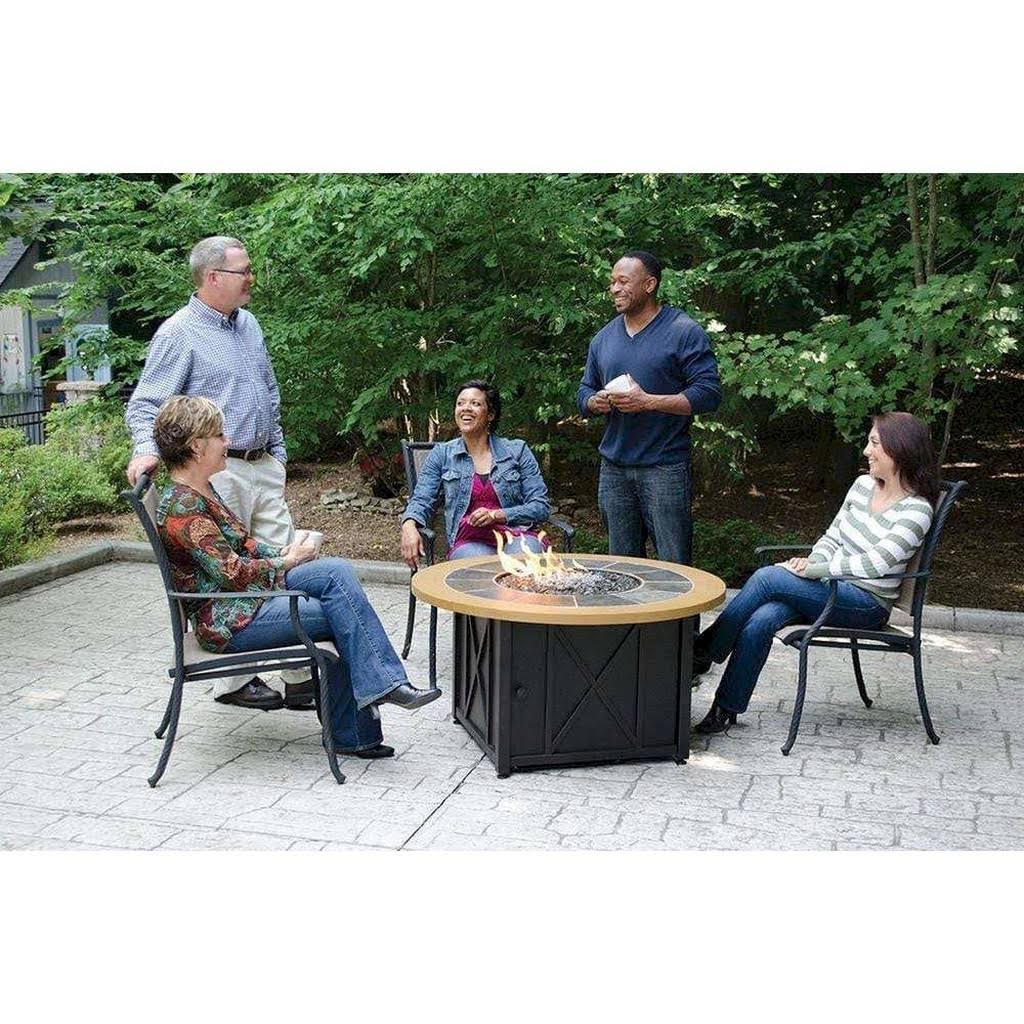 Blue Rhino LP Gas Fire Pit Bowl with Slate and Faux Wood Mantel, Black, Round