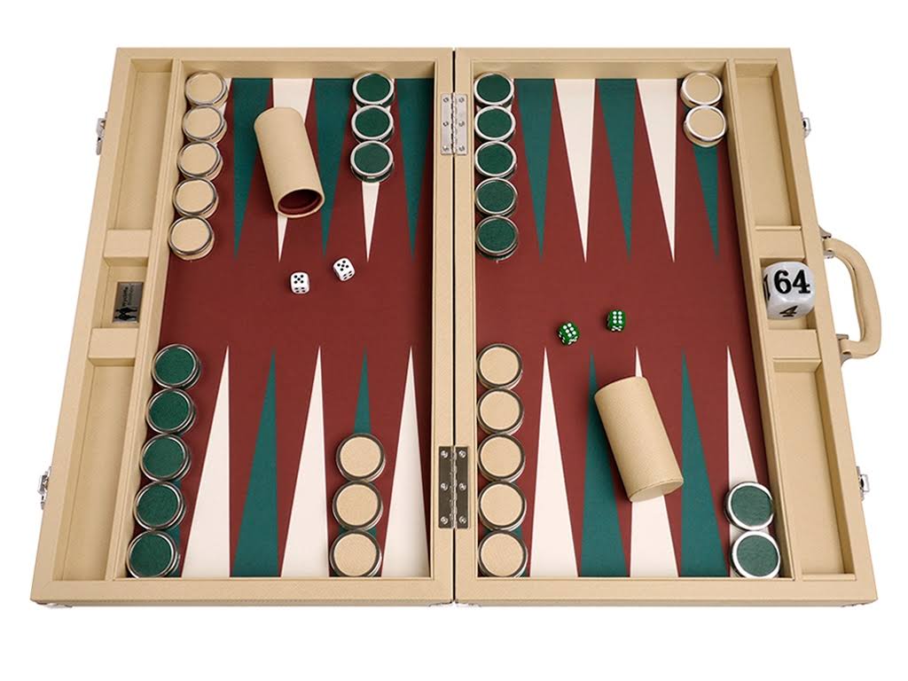 Wycliffe Brothers 23-inch Backgammon Set with 1.75-Inch Nickel Checkers - Tan Case with Brown Field - Prestige Class
