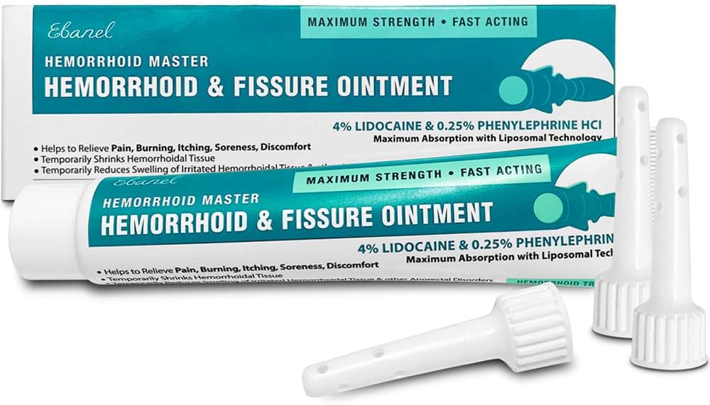 Ebanel Hemorrhoid Treatment Ointment, 1.6 Oz Lidocaine Anal Fissure Anesthetic Cream for Pain, Burning, Itching, Swelling, Bleeding with Phenylephrine, Hydrocortisone, Aloe, Chamomile, Vitamins