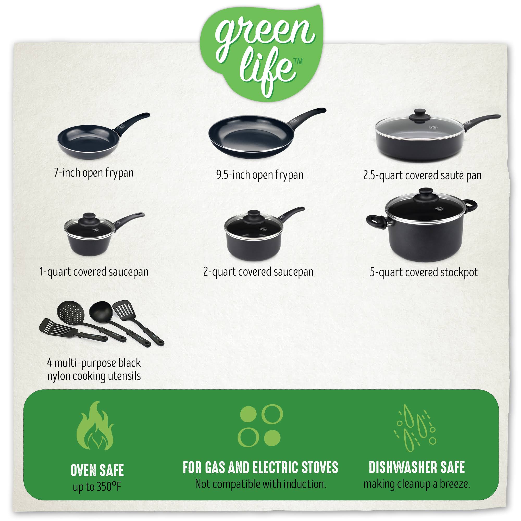 GreenLife Soft Grip Diamond Reinforced 14 Piece Ceramic Non-Stick Cookware Set, Black