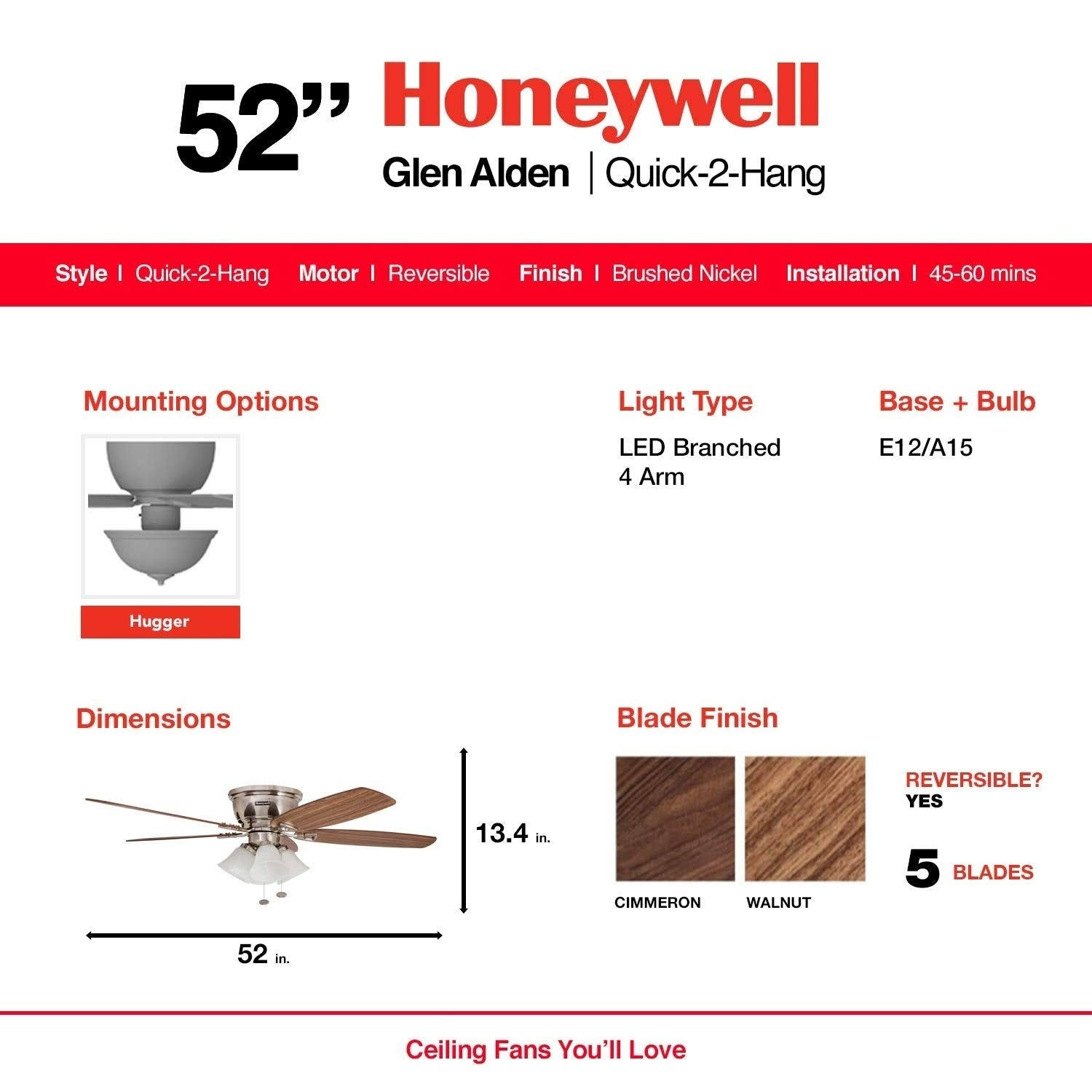 Honeywell 52x22 Glen Alden Brushed Nickel Hugger Ceiling Fan with 4 Light