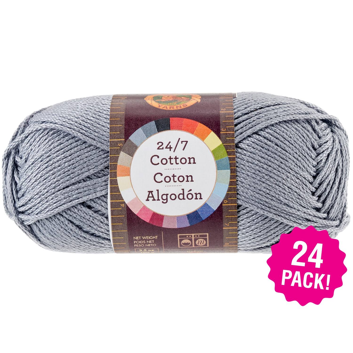 Lion Brand 24/7 Cotton Yarn - Silver, Multipack of 24