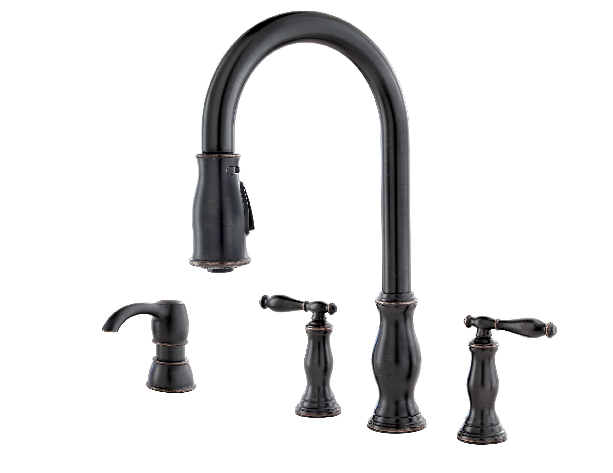 Pfister F-531-4HNY Hanover 2-Handle Pull-Down Kitchen Faucet with Soap Dispenser Tuscan Bronze