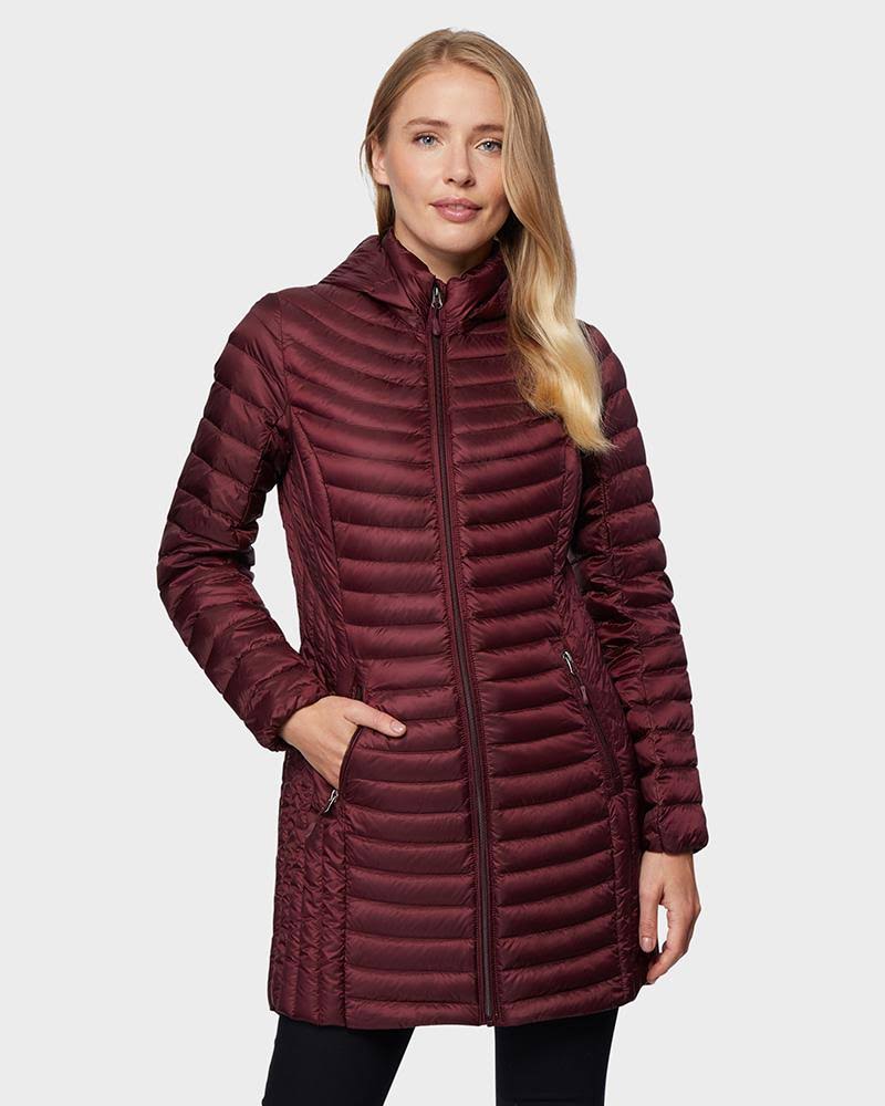 32 Degrees Women's Ultra-Light Long Packable Down 3/4 Jacket Bourgogne / XL