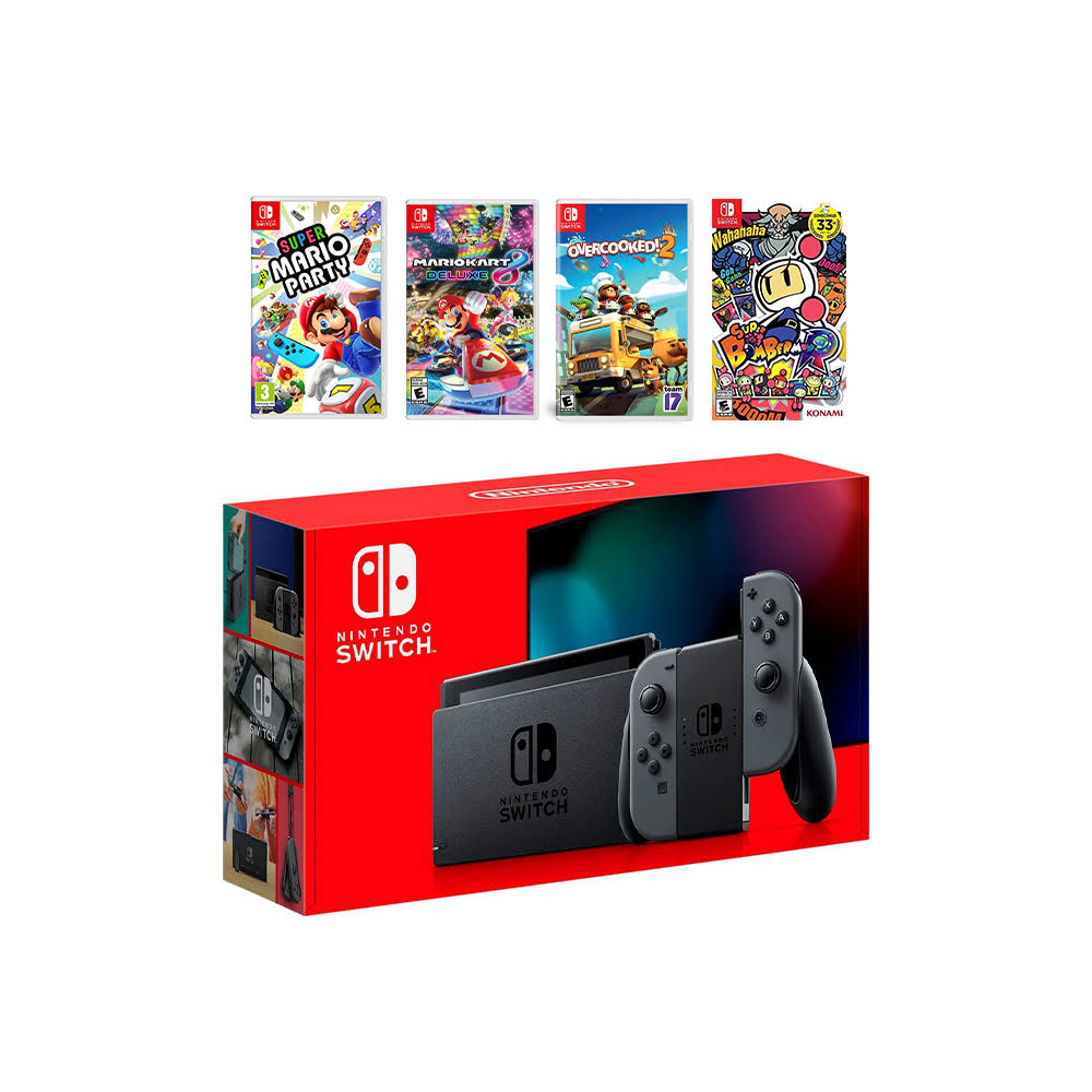 2019 New Nintendo Switch Gray Joy-Con Console Multiplayer Party Game Bundle, Super Mario Party, Mario Kart 8 Deluxe, Overcooked