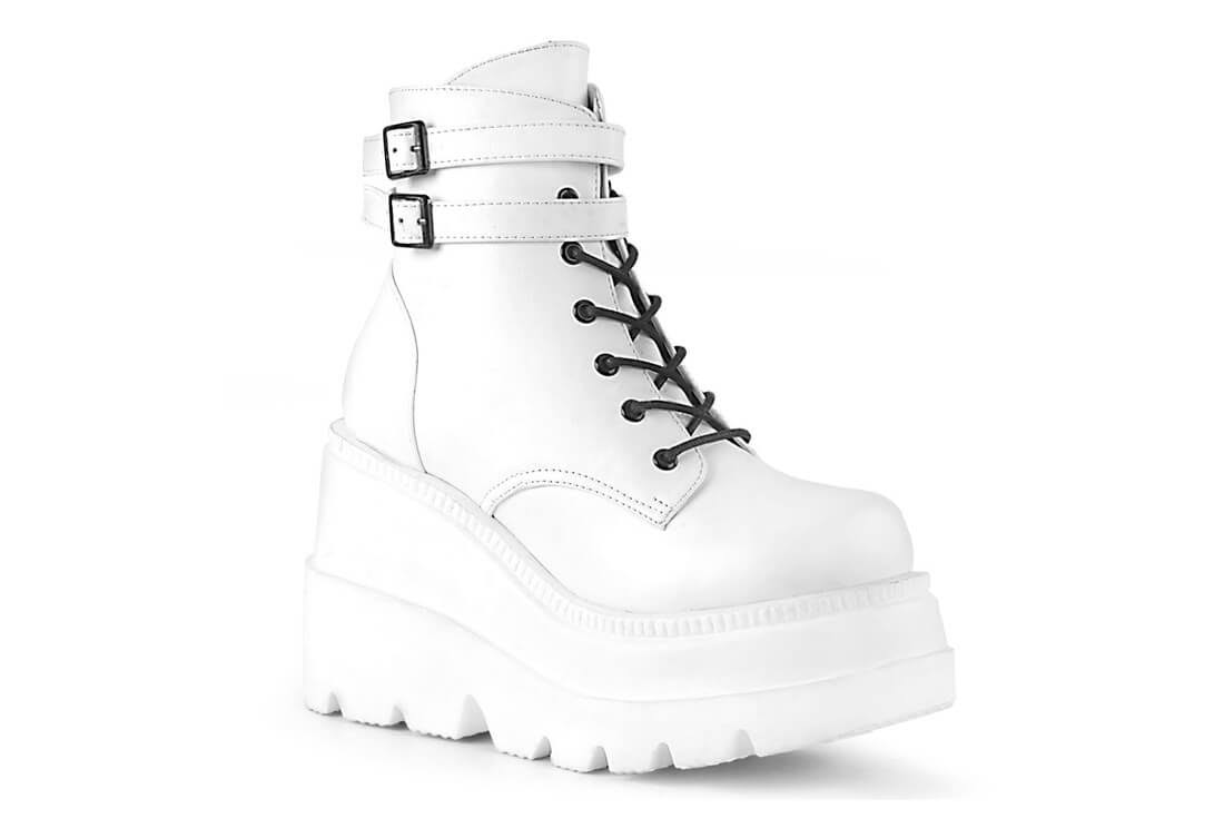 Demonia Women&s Shaker 52 Platform Ankle Boot, White, 6