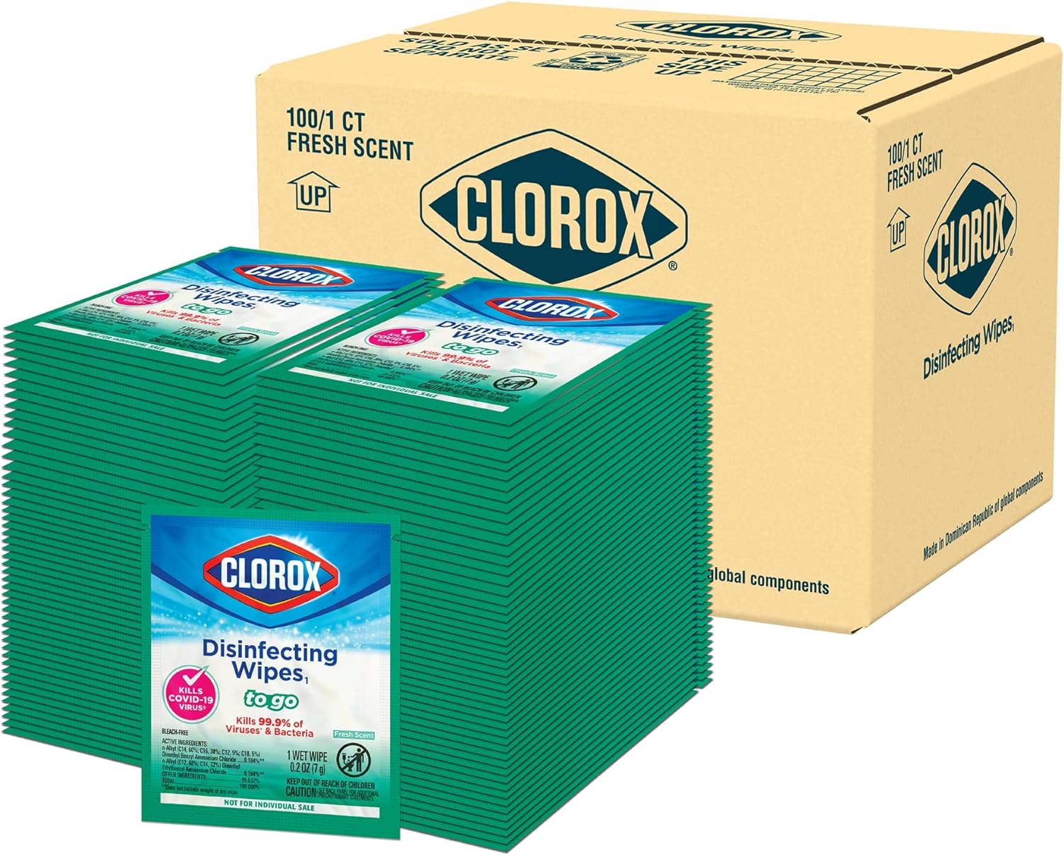 Clorox Disinfecting Wipes to Go, Bleach Free Cleaning Wipes, Fresh Scent, Individually Wrapped, 1 Count Each, (Pack of 100)