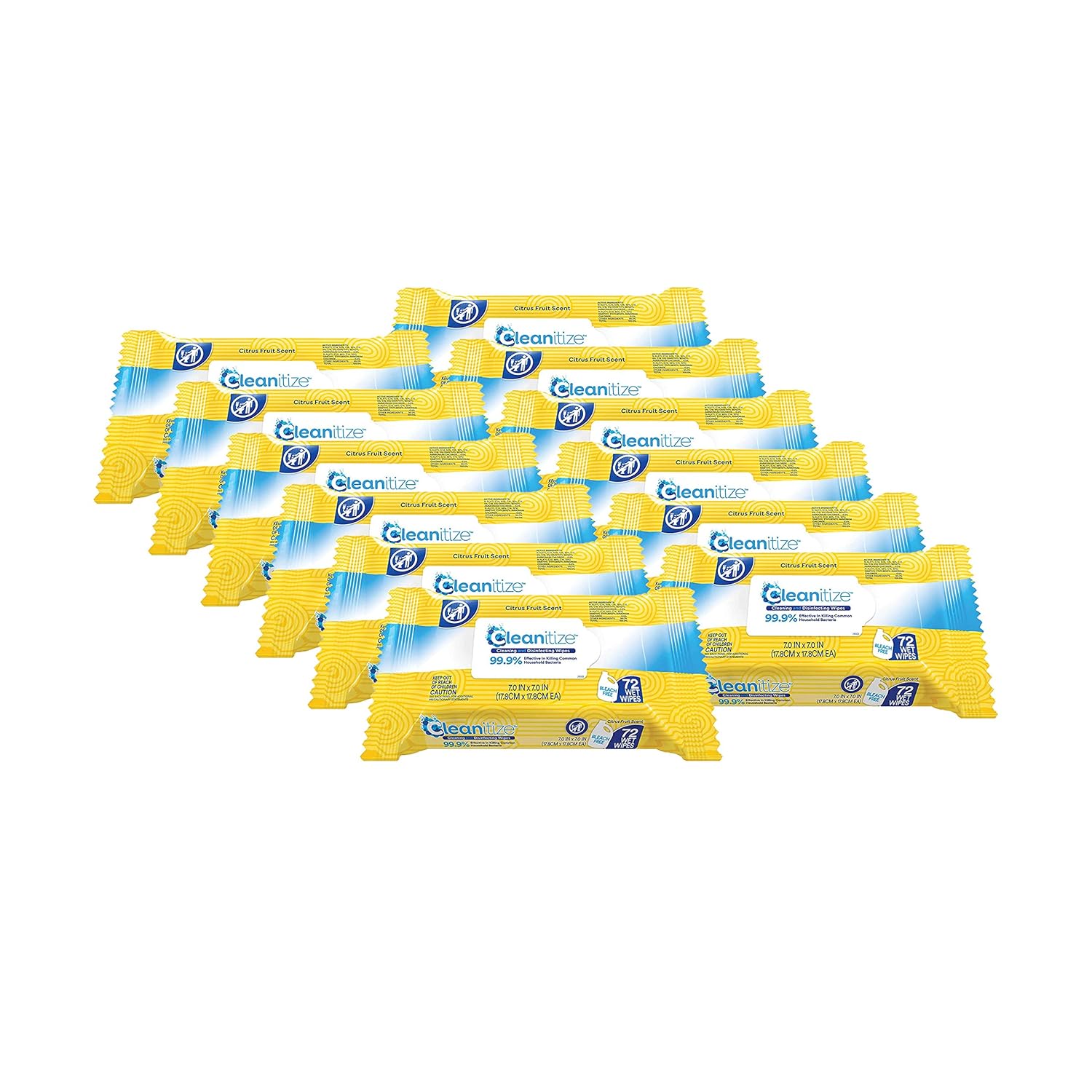 Cleanitize Cleaning & Disinfecting Wipes, 12 Pack, Bleach Free, Citrus Fruit Scent, Disinfect Kitchens, Bathrooms, Doorknobs, Floors, Children’s Toys, Yellow