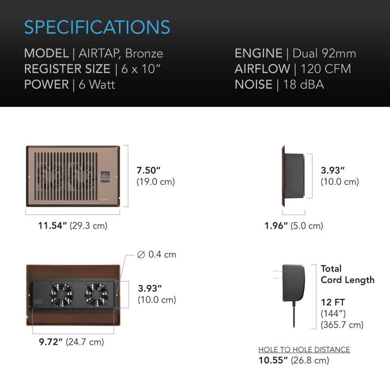AC Infinity Airtap T6 6-in x 10-in Register Booster Fan - Bronze