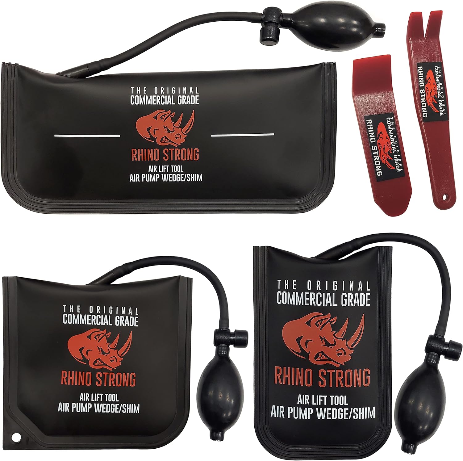 The Original Rhino Strong Commercial Grade Air Wedge Bag Pump Professional Leveling Kit & Alignment Tool Inflatable Shim Bag 3 Piece (Small, Medium, Large). 3 sizes for all of your individual needs.