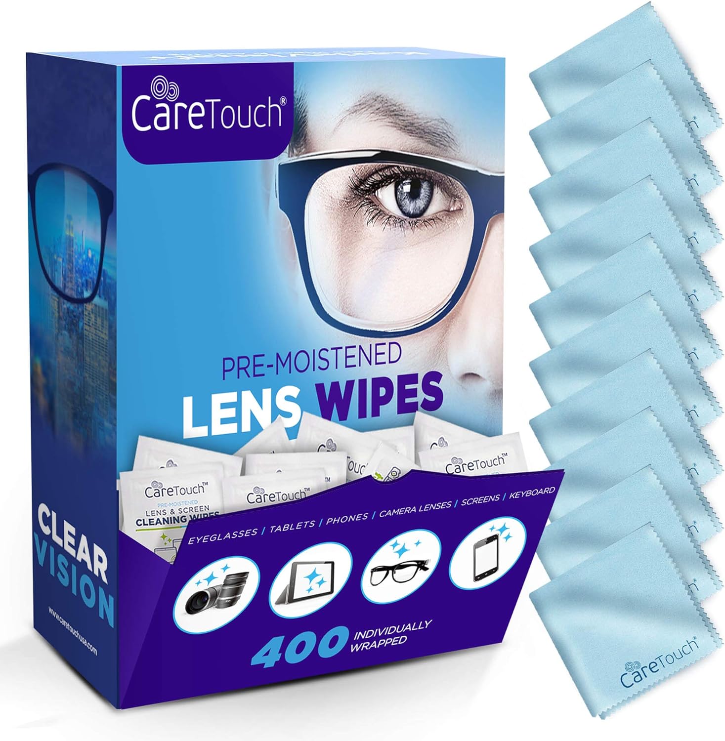 Care Touch Lens Cleaning Wipes with Microfiber Cloths - 400 Lens Cleaning Wipes and 10 Microfiber Cloths - Excellent for Glasses, Laptops, Computer Screens, and Phones