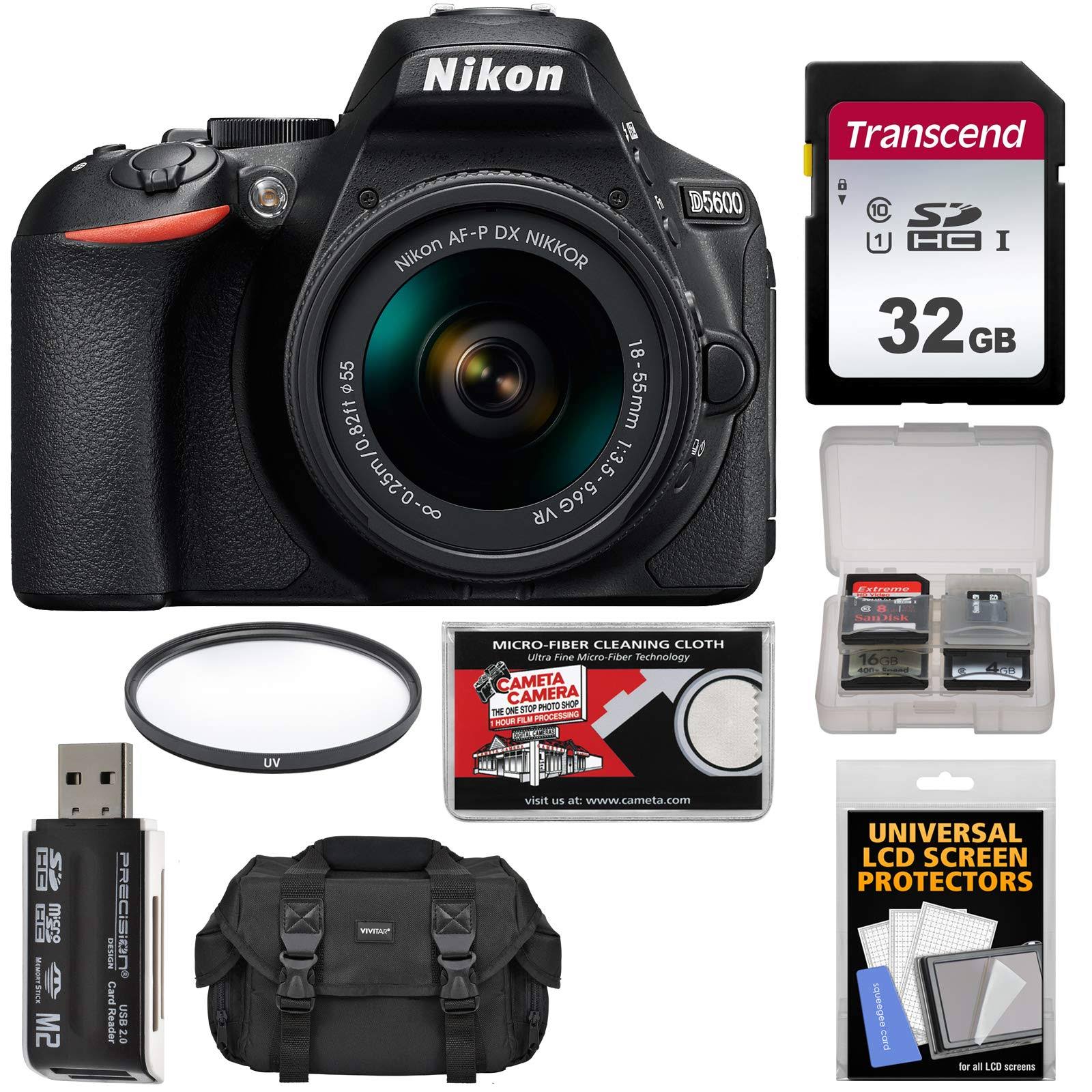Nikon D5600 Digital SLR Camera u0026 18-55mm VR DX AF-P Lens - Refurbished with 32GB Card + Case + Filter + Reader + Kit