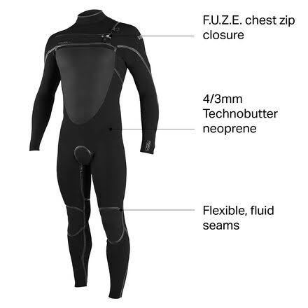 O&Neill Psycho Tech 4/3+mm Chest Zip Full Wetsuit, Black/Black, Large