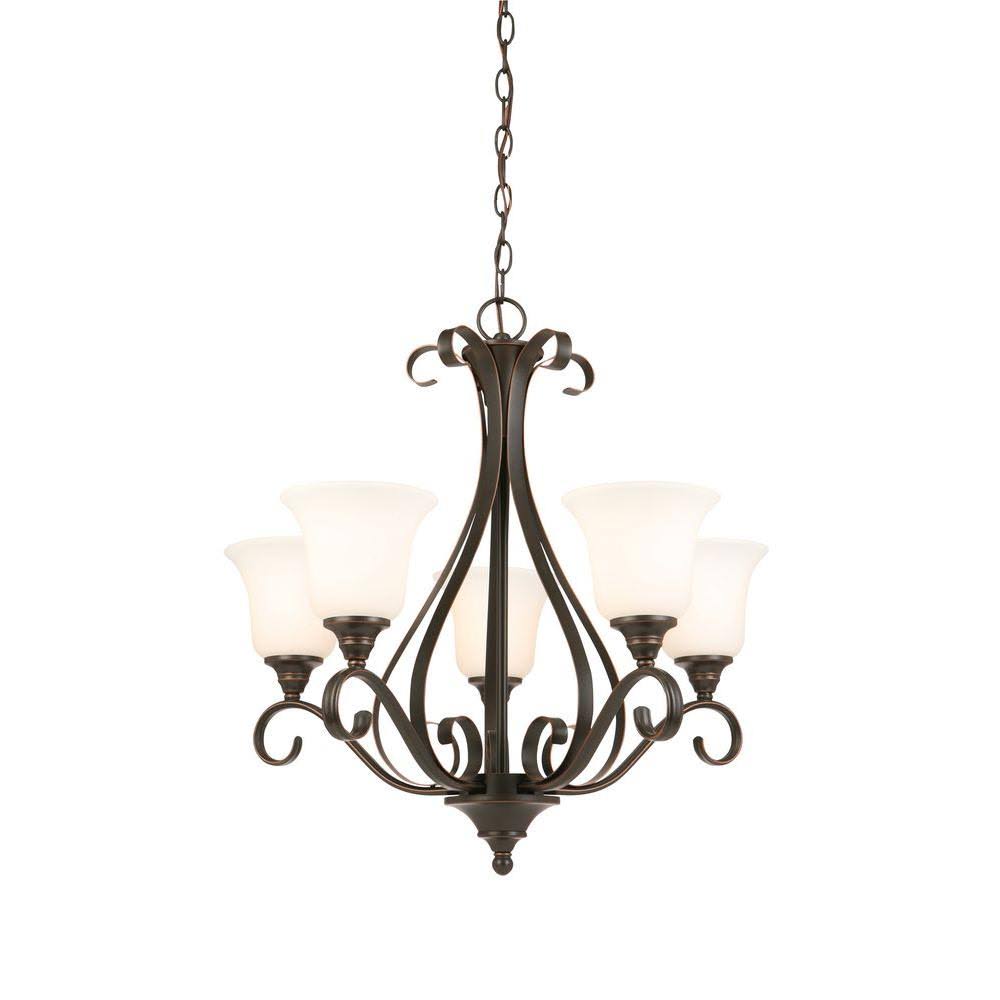 Hampton Bay 5-Light Oil-Rubbed Bronze Chandelier with Frosted White Glass Shades