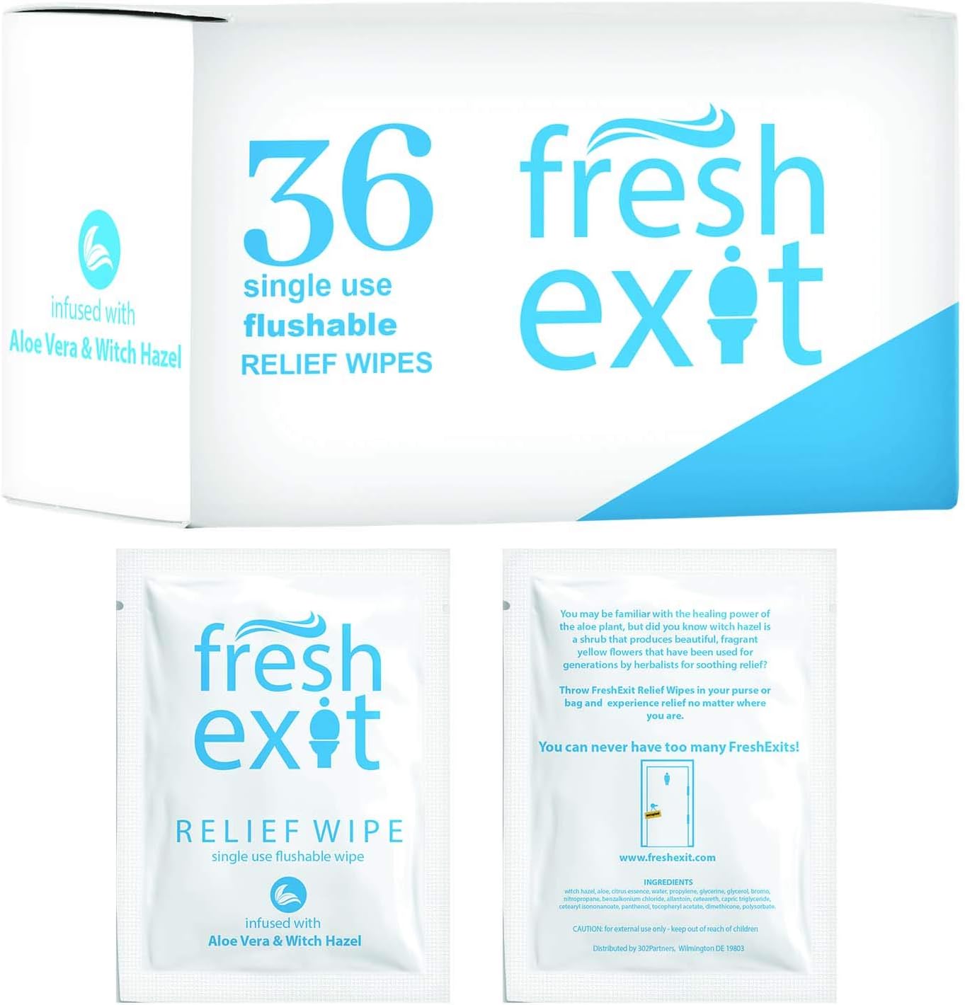FreshExit – Individually Wrapped Hemorrhoid Wipes – 36 Count – Same Active Ingredients - Large Witch Hazel Wipe in Small Discreet Package - a Great Flushable Wipe for Adults