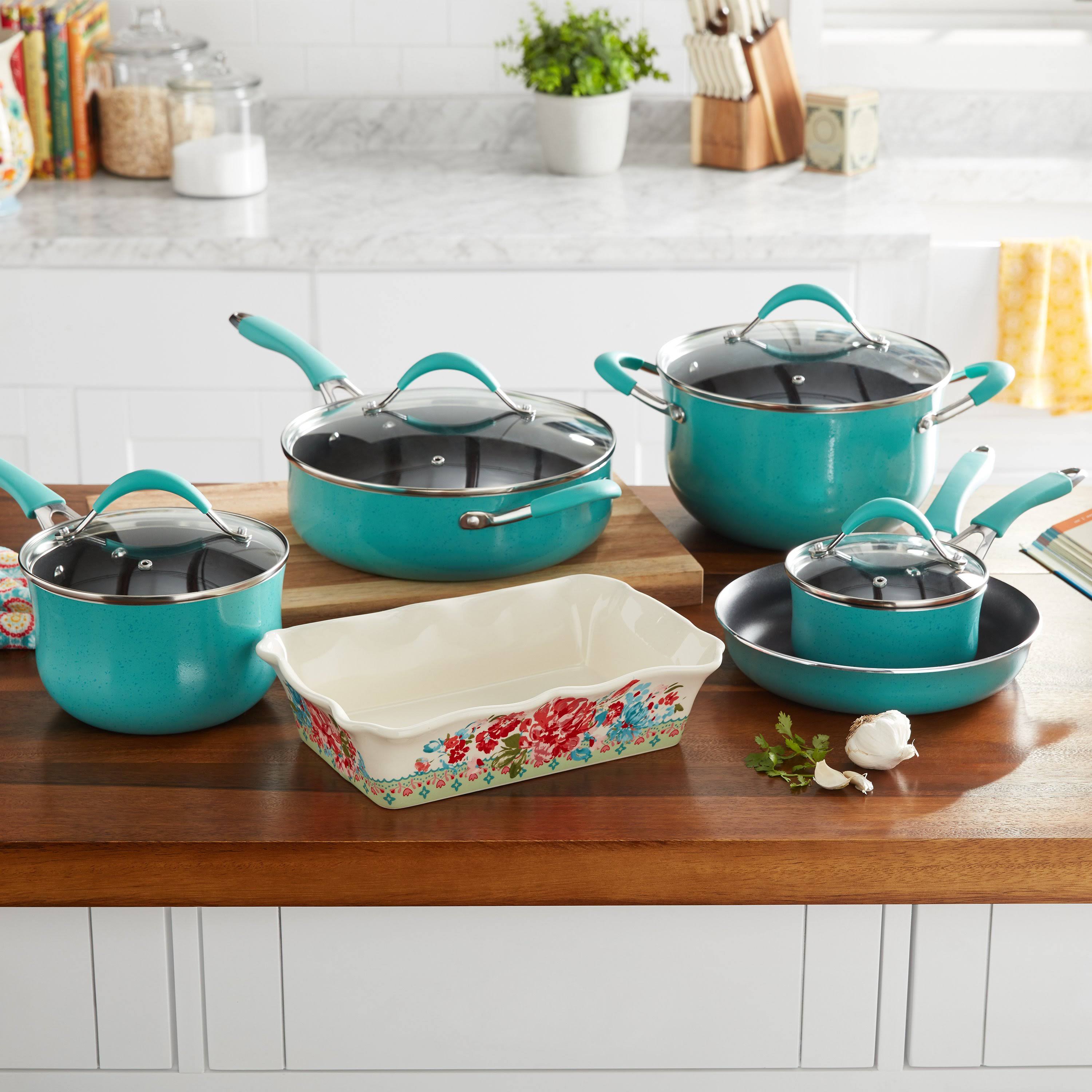 The Pioneer Woman Frontier Speckle 10-Piece Cookware Set, Turquoise