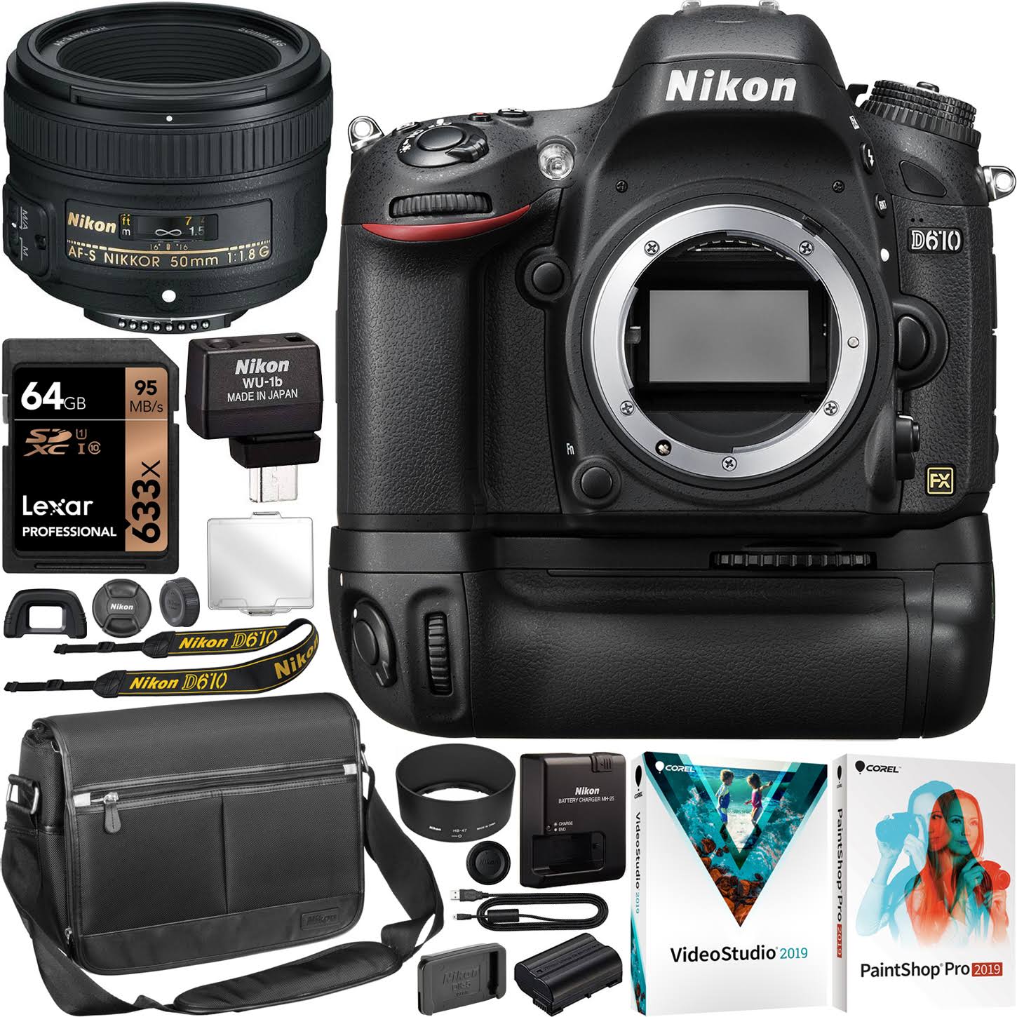Nikon D610 Full-Frame DSLR Camera FX Digital SLR Body AF-S Nikkor 50mm F1.8G Lens Bundle with MB-D14 Battery Grip + Wireless Mob