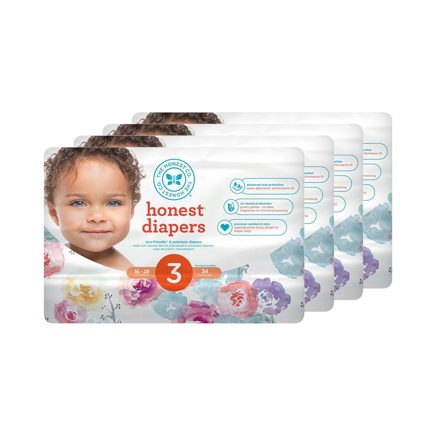 Honest Baby Diapers, Rose Blossom, Size 3 (136 Count)