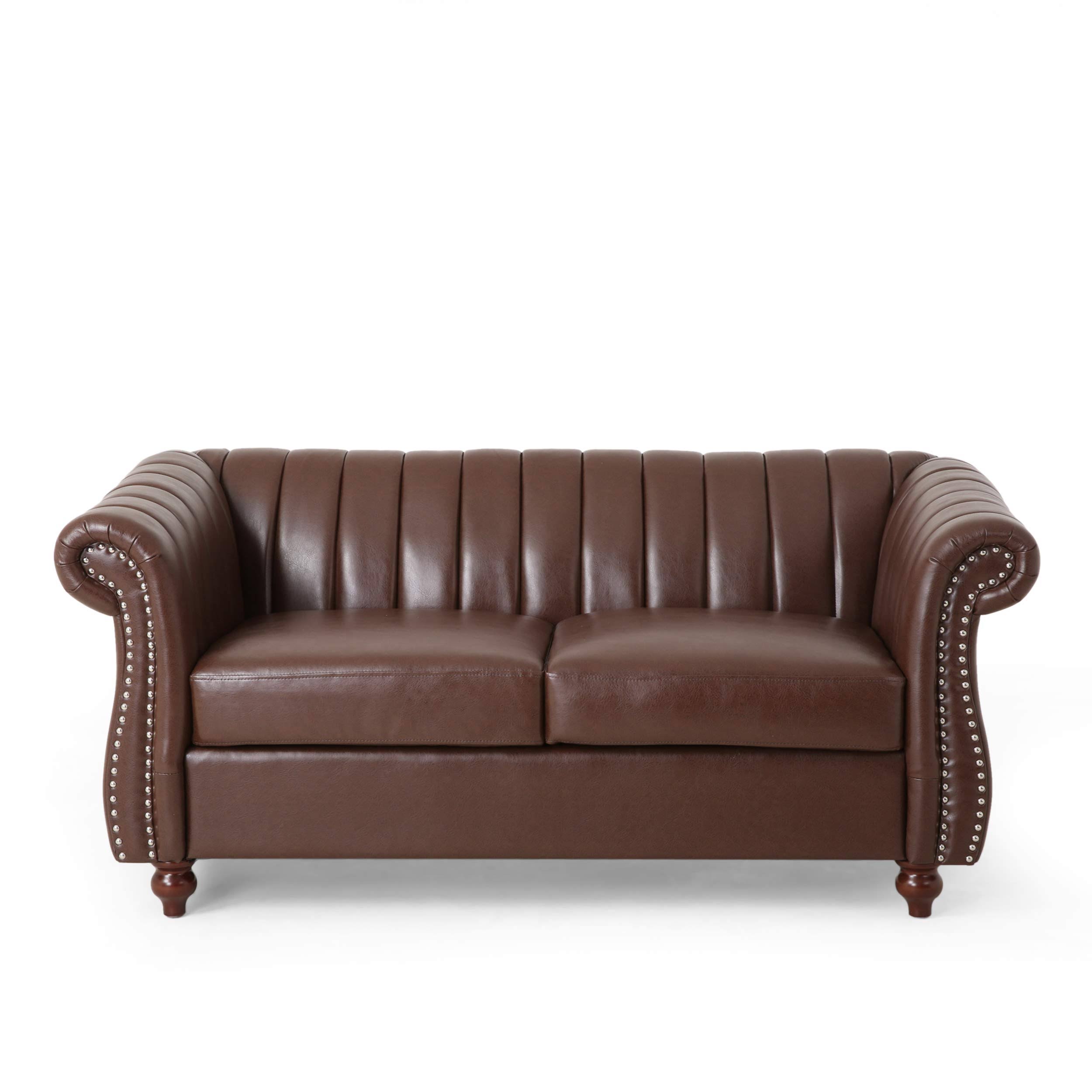 Glenmont Modern Glam Channel Stitch Velvet Loveseat with Nailhead Trim by Christopher Knight Home (Faux Leather + Dark Brown + E
