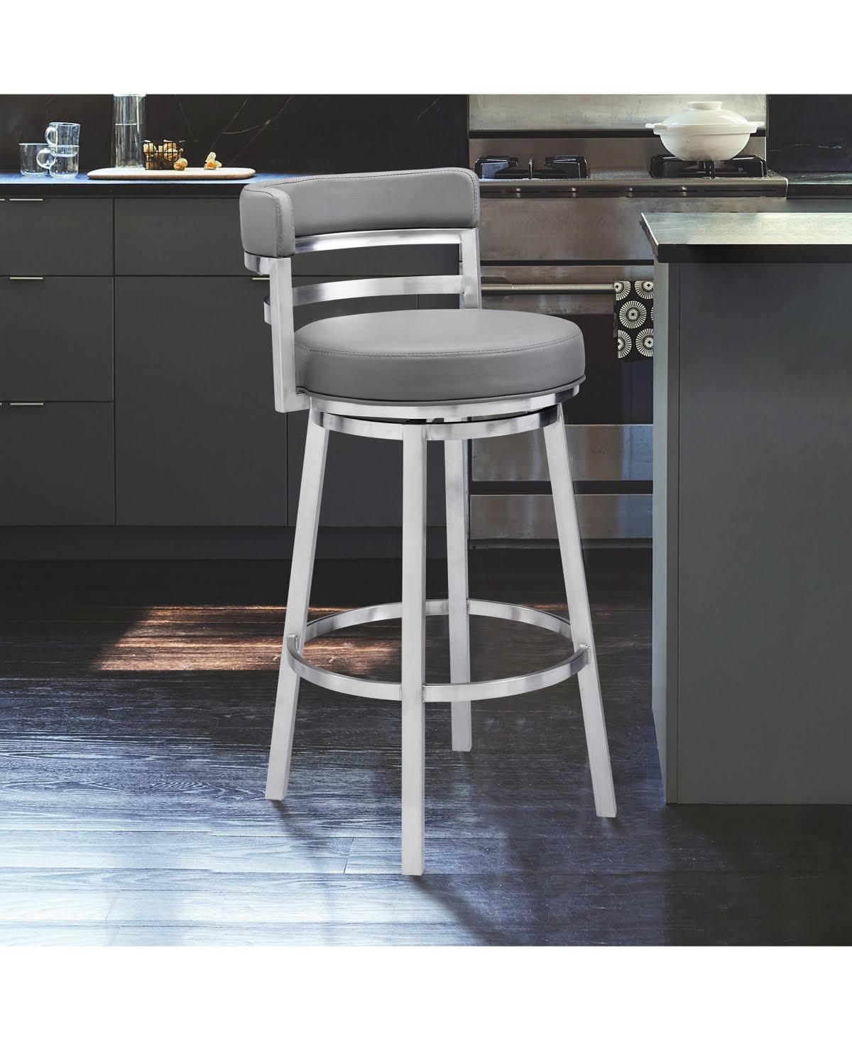 Armen Living LCMABABSWH26 26 in. Madrid Contemporary Counter Height Barstool Brushed Stainless Steel Finish u0026 White Faux Lea