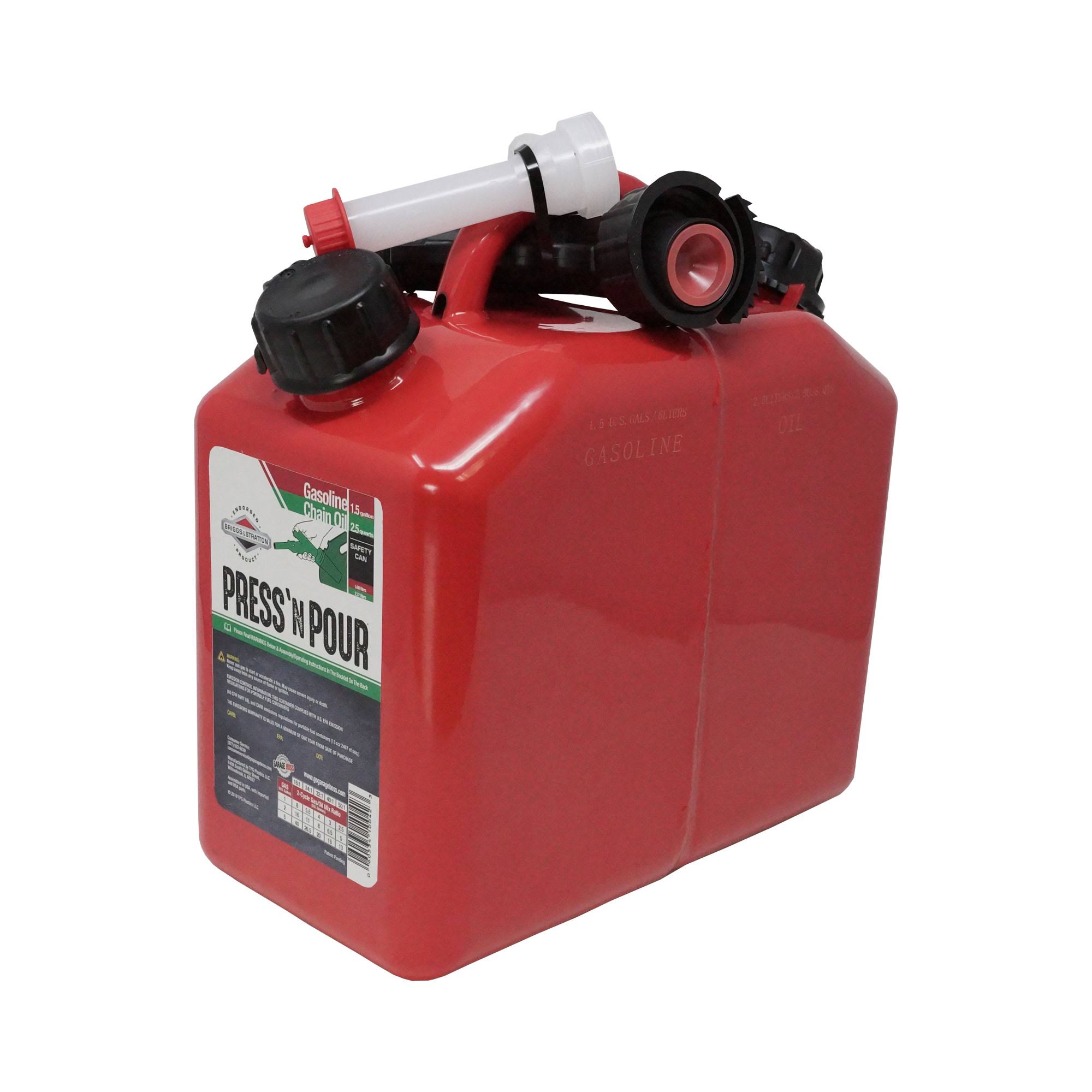 Garage Boss 2 Cans in 1 Press N Pour Metal GAS and Oil Portable Fuel Container, Red