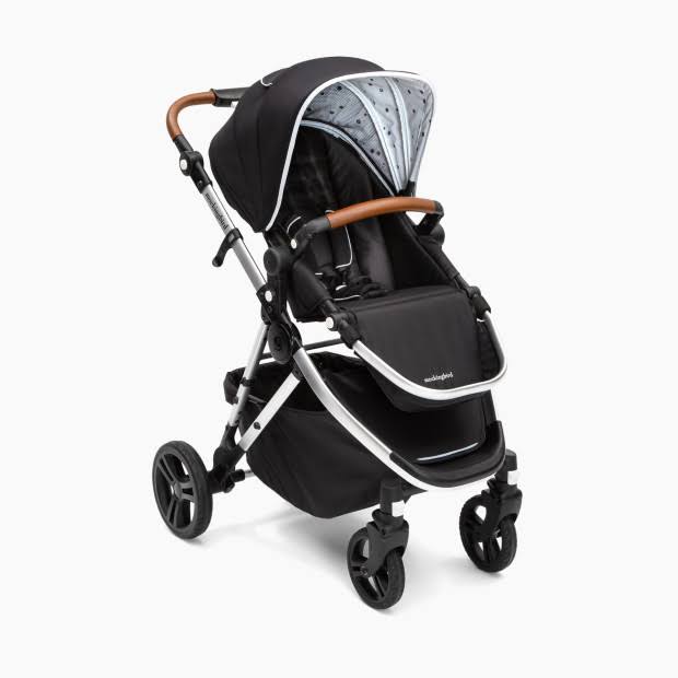 Mockingbird Single Stroller in Black/Watercolor Canopy/Brown Leather