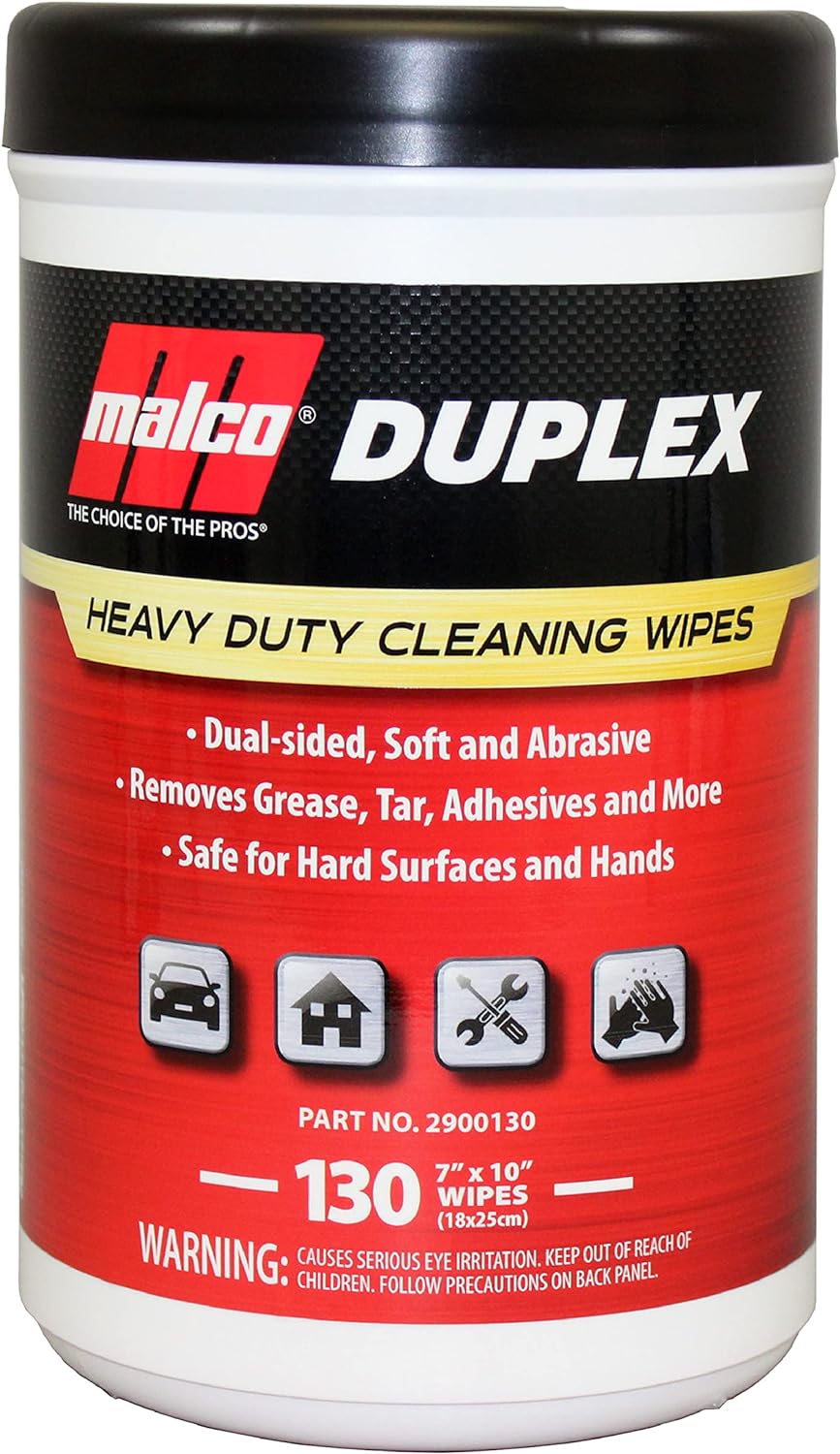 Malco Duplex Heavy Duty Cleaning Wipes (130 Wipes) - Dual Sided Textured, Wet Wipes/Removes Grease, Tar, Paint, Oil, Dirt/No Residue/Safe for Hands/Perfect for Cars, Boats and Home Use (2900130)