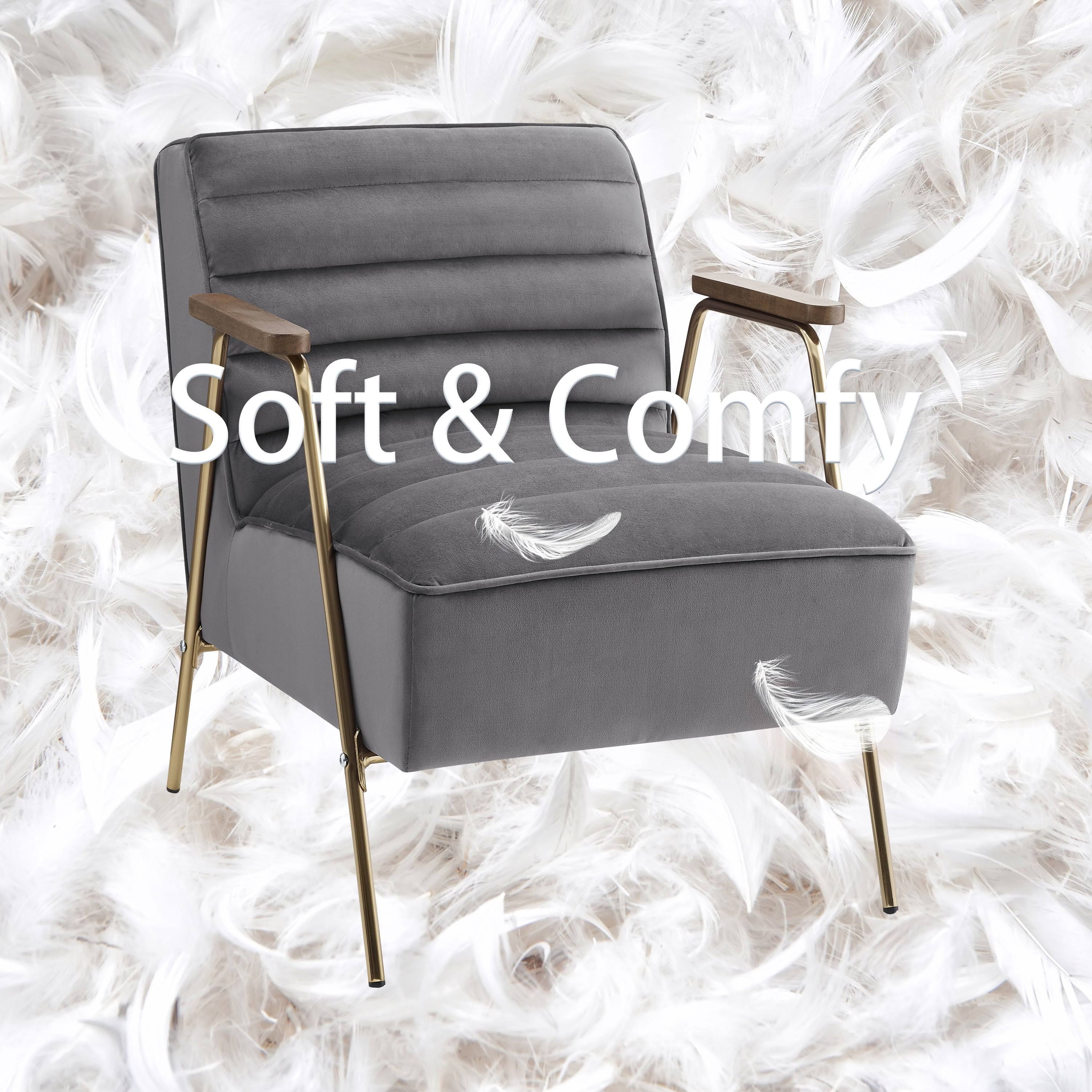 Art Leon Velvet Ribbed Accent Oak Armrest Chair with Metal Frame