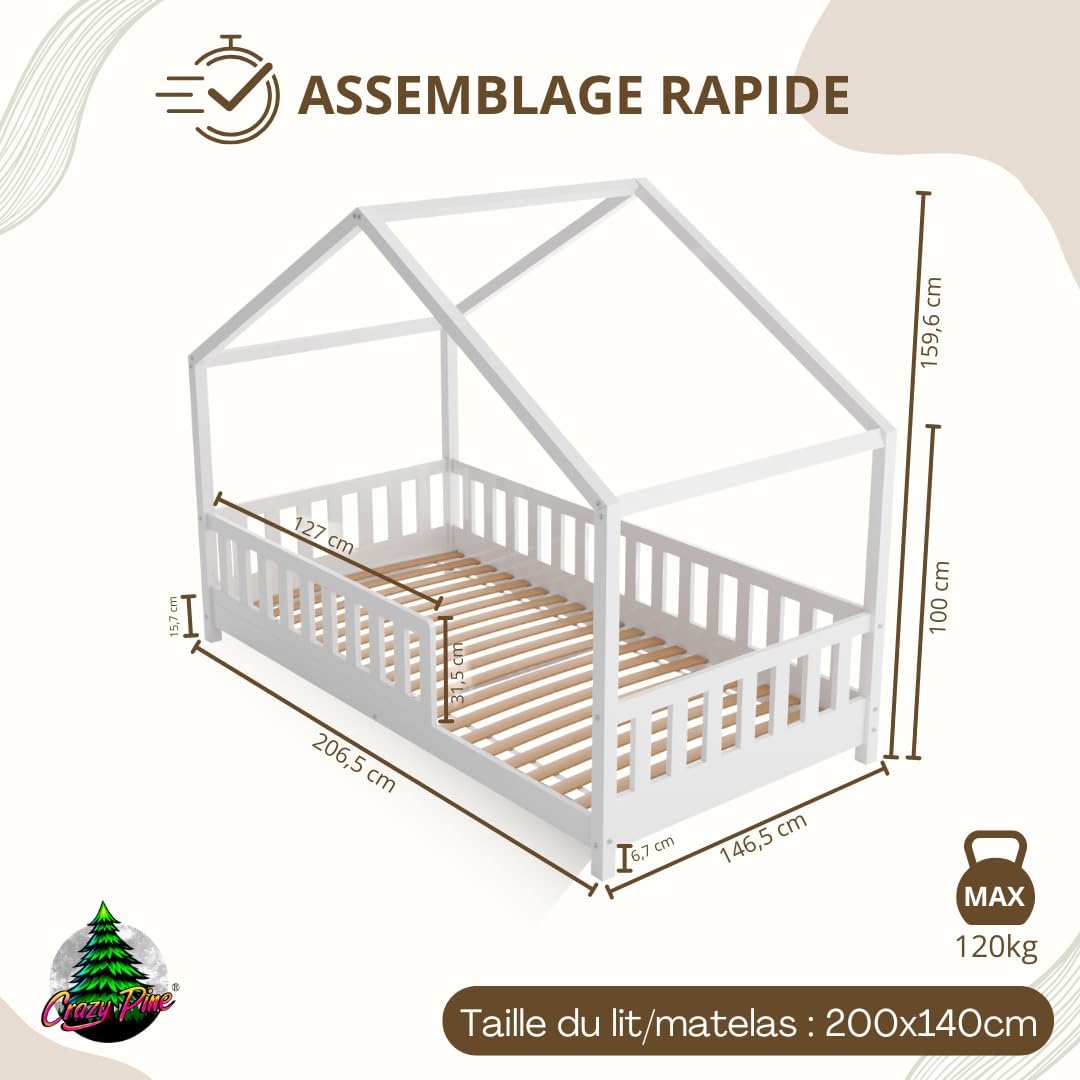 Crazy Pine Cabin Bed 160x80 cm – Natural Wood Children's Bed with Barrier – Montessori Floor Bed with Height-Adjustable Legs and Removable Barrier - Crazy House