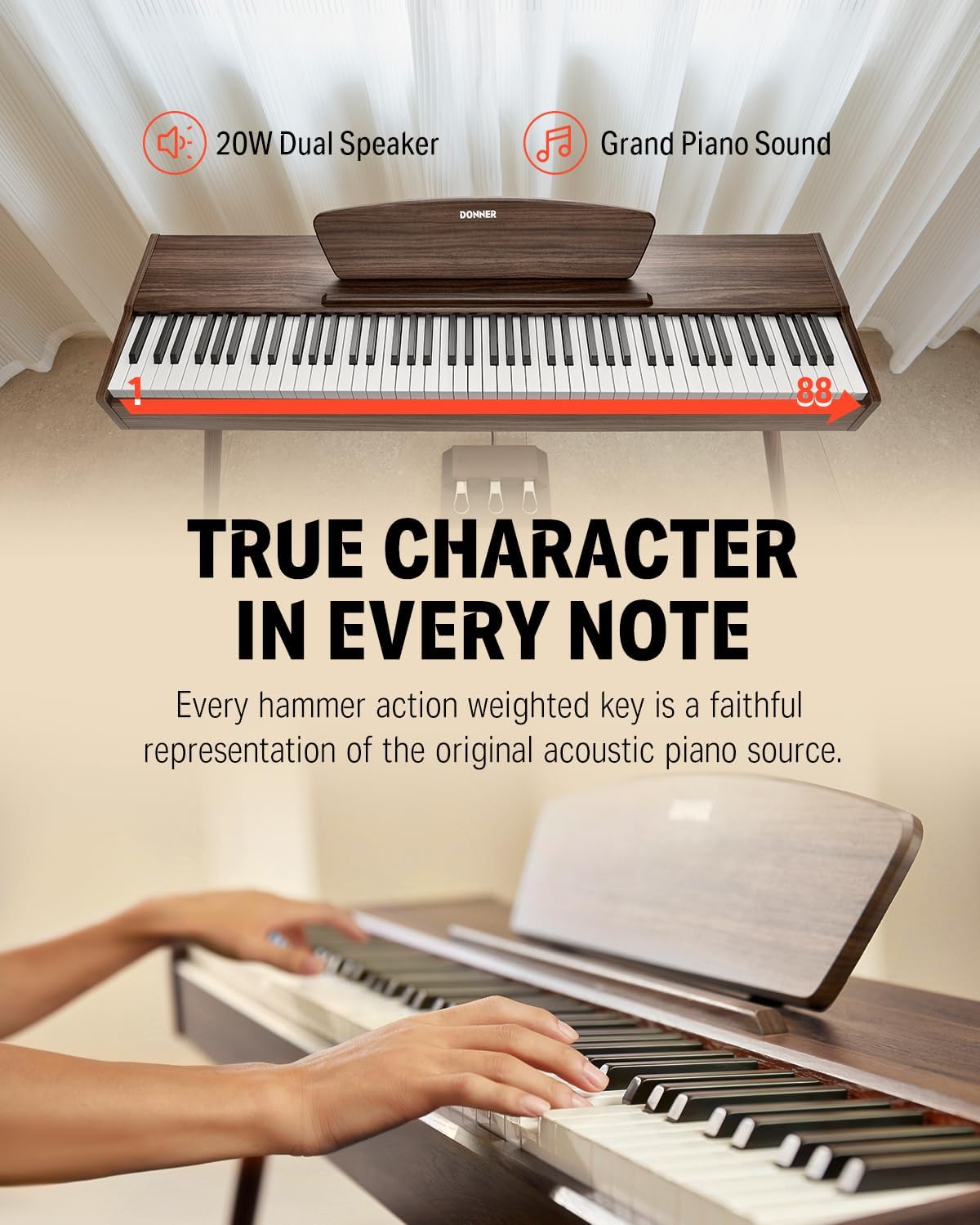 Donner DDP-80 E-Piano 88 Tasten Gewichtet Klavier, Hammermechanik II, Home Digital-Pianos Volle Größe Keyboard mit Ständer, Dreifach-pedal, USB-MIDI und Kopfhöreranschluss