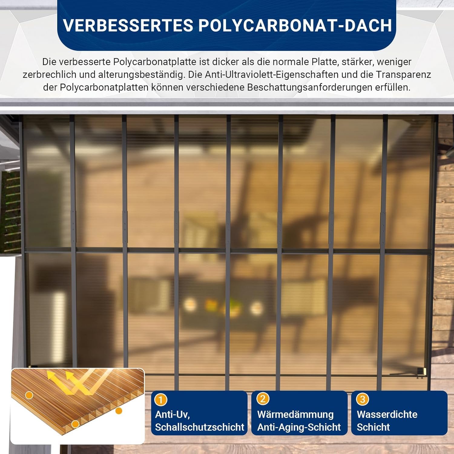 UDPATIO Borneo Patio Canopy 4.2 x 3 m with Sturdy Steel Frame and UV Polycarbonate Roof for Garden, Patio Champagne. Approx. 8 x 8 cm Profile