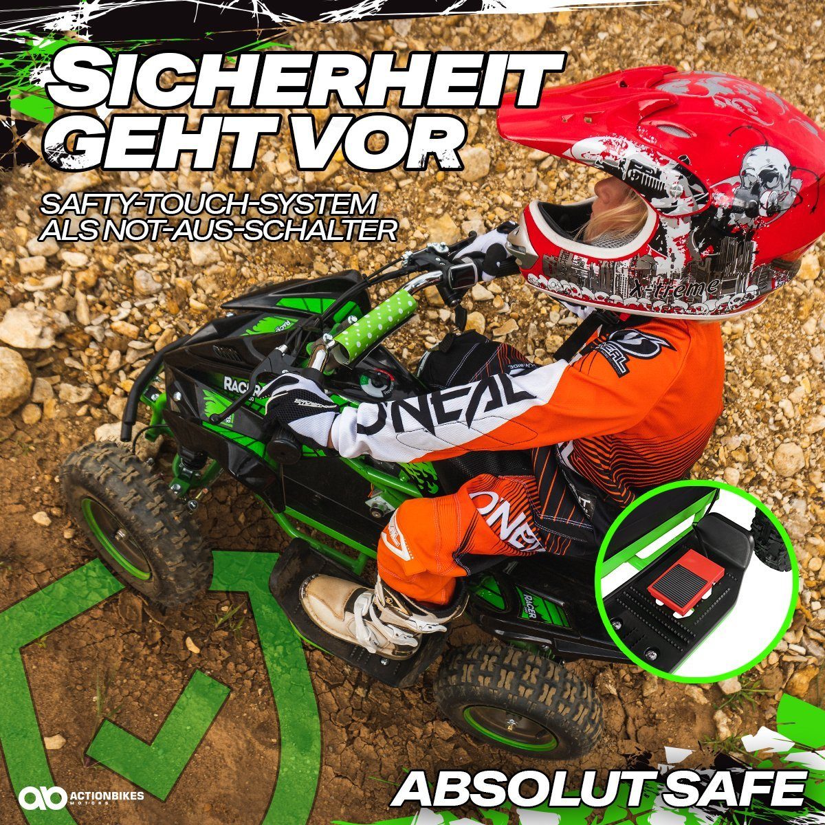 Actionbikes Motors Electric Children's Quad Mini Children's Electric Quad Racer 1000 W 36 V, load capacity 50 kg, (1 piece), up to 50 kg - disc brakes - Safety Touch System foot switch