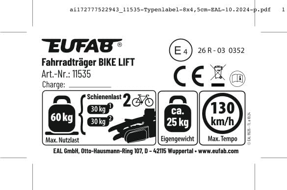 EUFAB 11535 Rear Carrier Bike Lift for Hitch, Black, 135x74x74cm