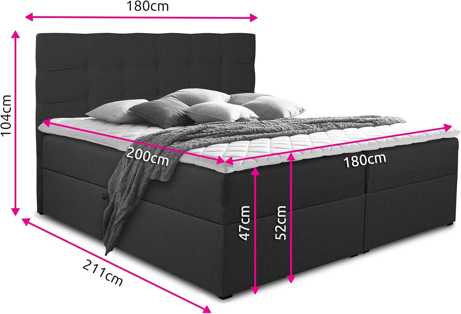 Best Upholstered Box Spring Double Bed Frame with 2 Storage Boxes, Bonell Mattress and Topper, for a Stylish Bedroom, Graphite (Inari 94), 180 x 200 cm