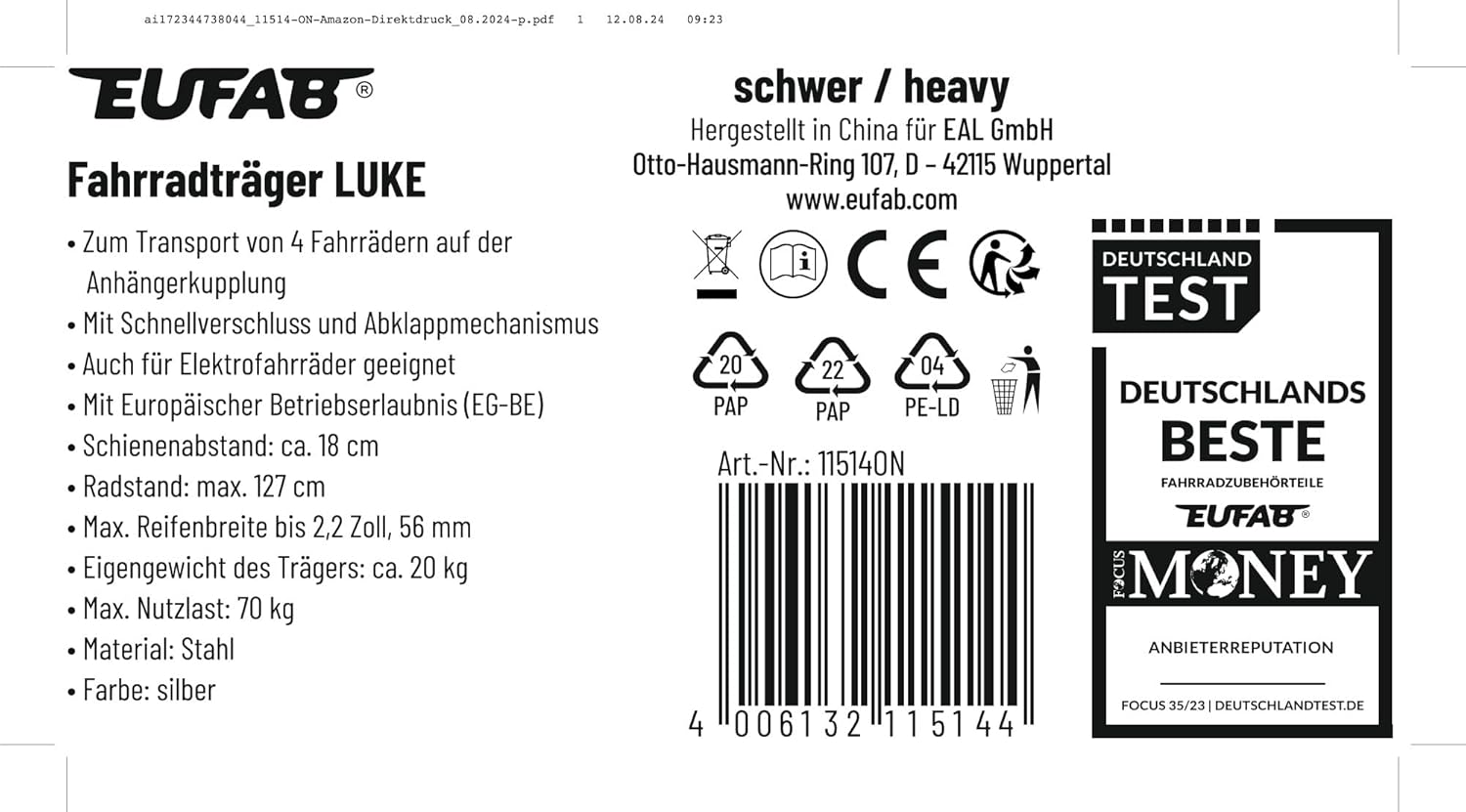 Eufab 11514 Tow Bar Carrier Luke for 4 Bicycles