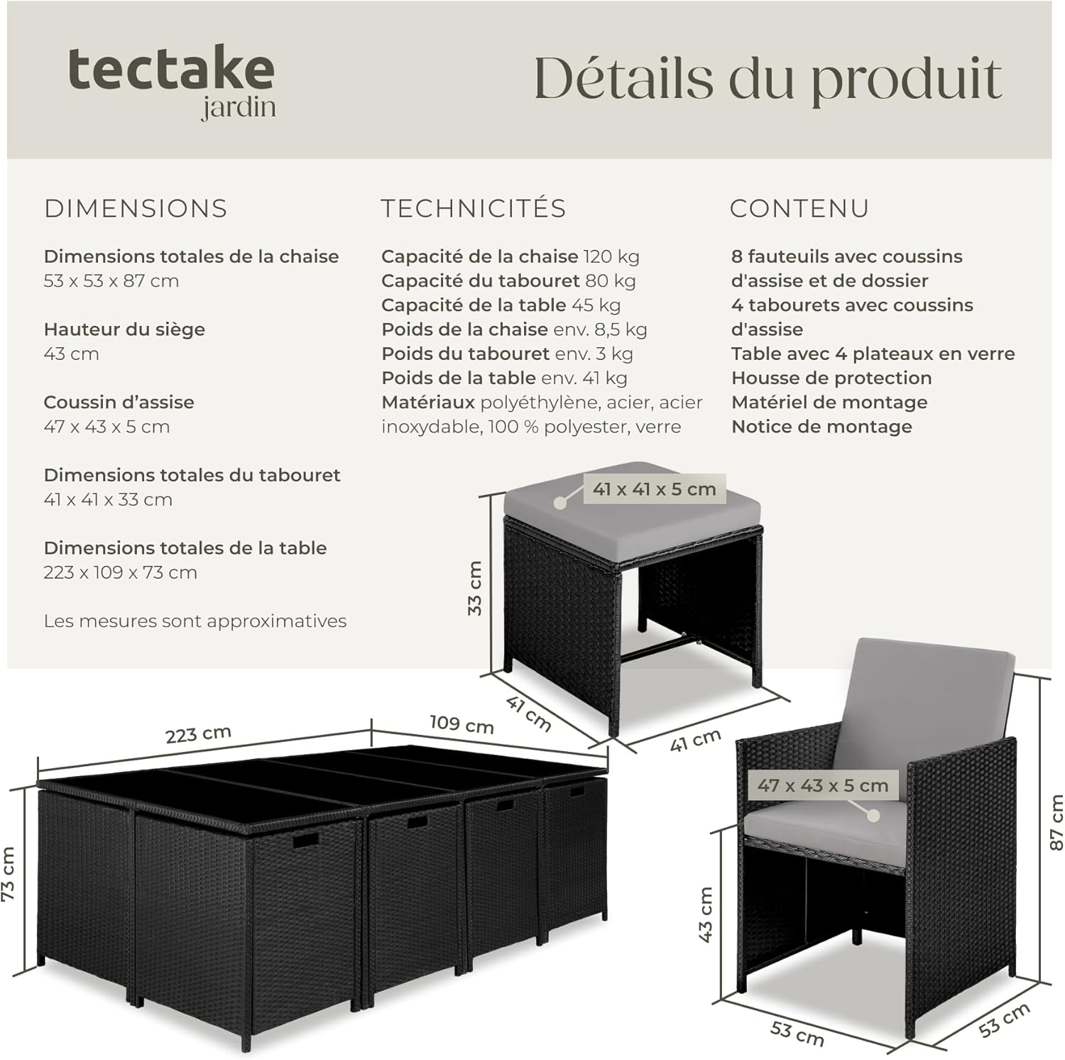 TecTake Rattan Garden Furniture Set - Outdoor Dining Set with 8 Comfortable Chairs, 4 Stools, and 1 Table - Balcony and Patio Furniture - Black/Grey
