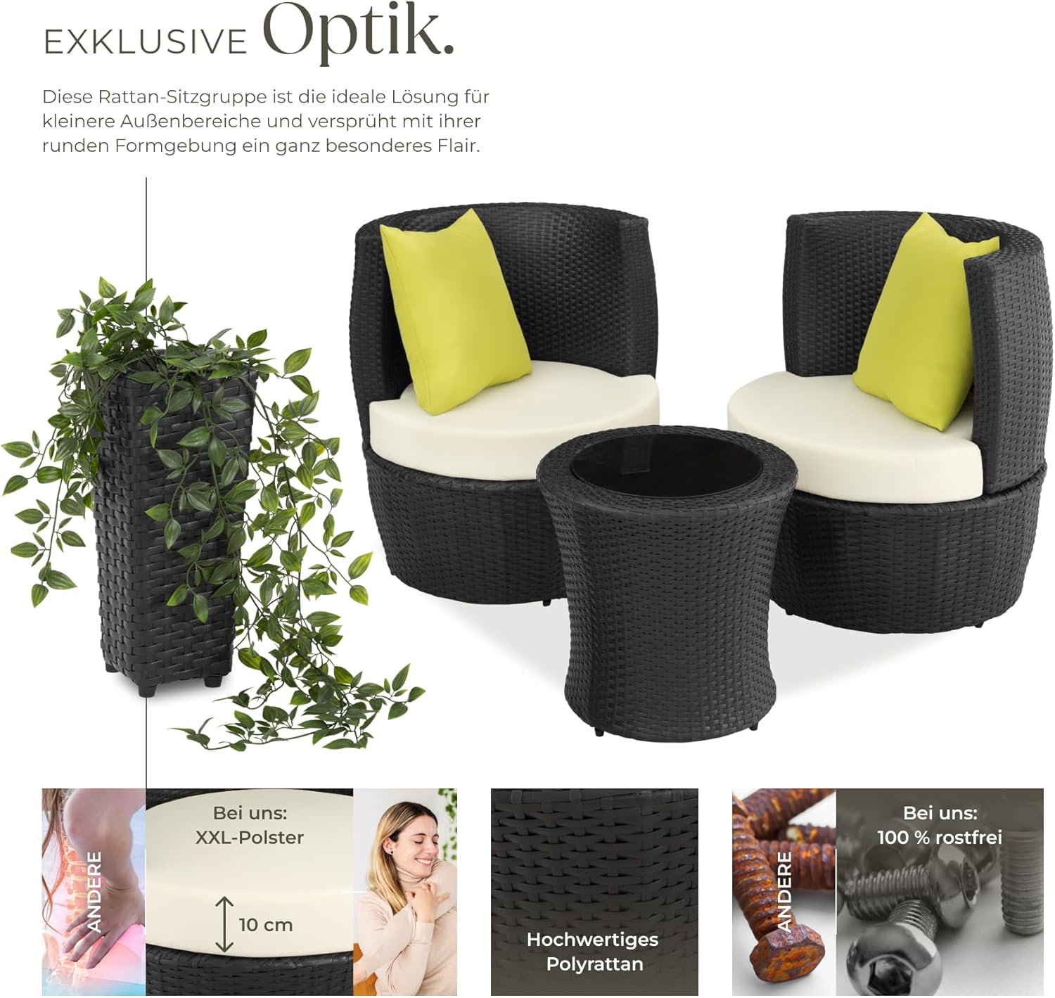 tectake® Rattan garden furniture set for 2 people, balcony furniture set, garden furniture set with 2 chairs, 1 x round side table, 1 x vase, can be folded to save space