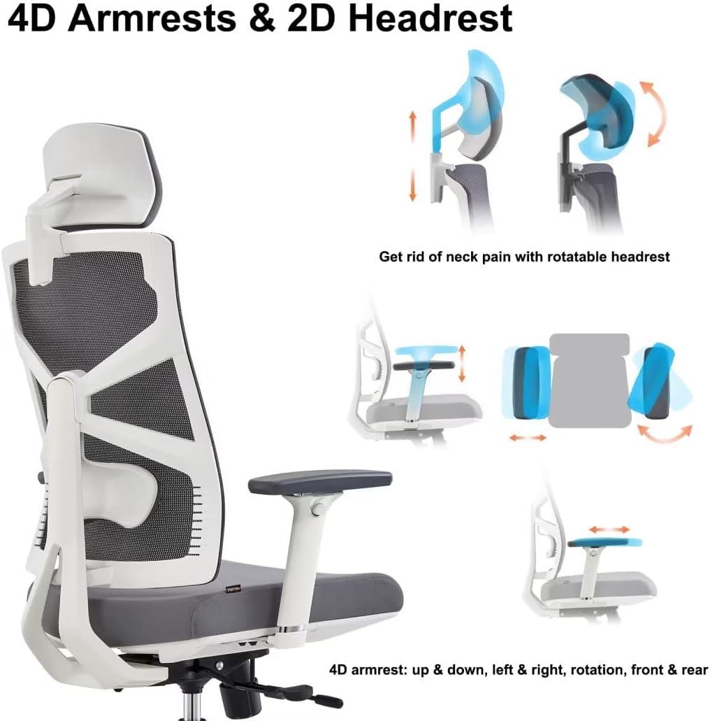 HOLLUDLE Ergonomic Office Chair with Adjustable Backrest, Computer Chair with 4D Armrests, Adjustable Seat Depth, Lumbar Support and 2D Headrest, Task Chair, White