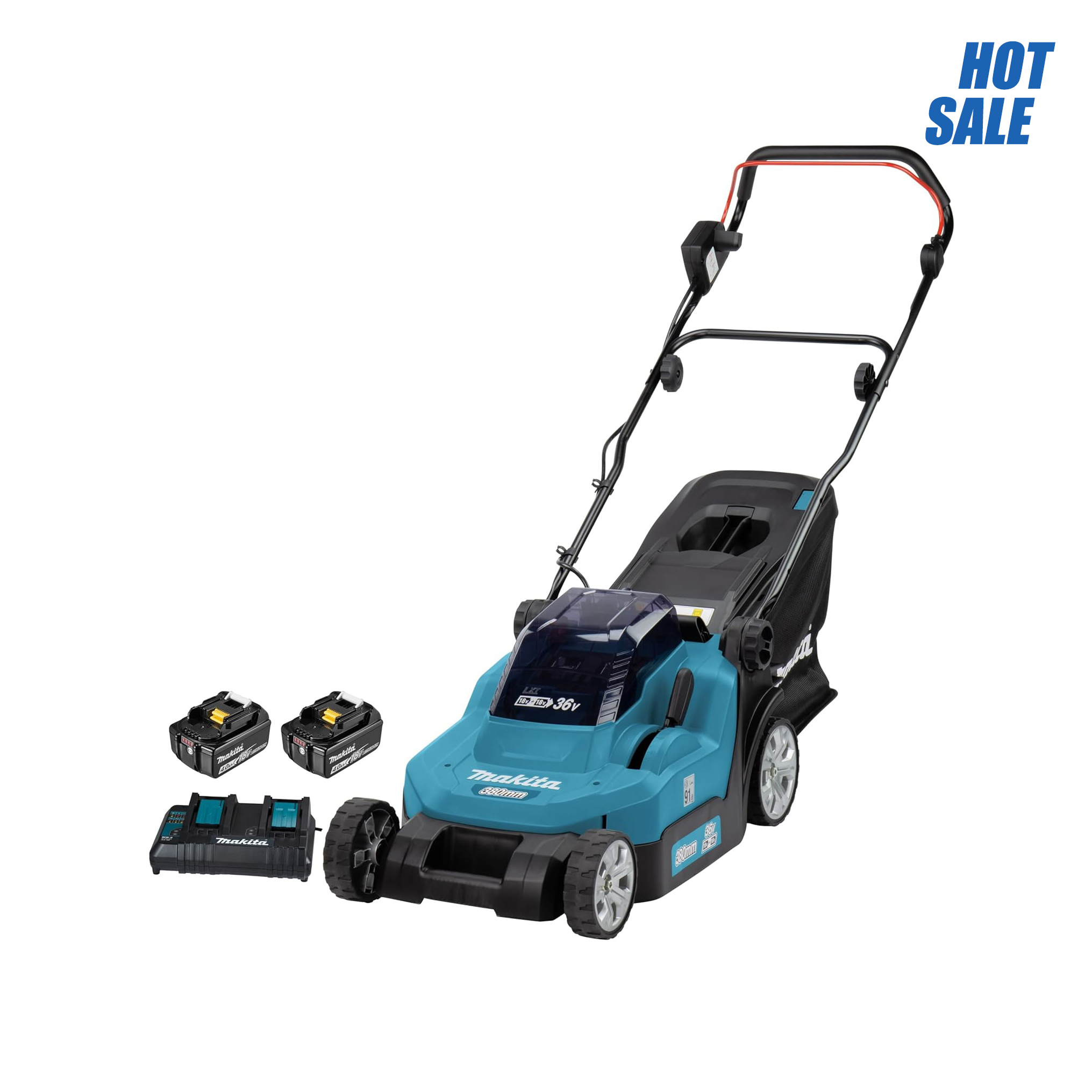 Makita DLM382PM2 Cordless Lawnmower 2 x 18 V / 4.0 Ah, 2 Batteries + Double Charger, 36 V, Petrol Blue