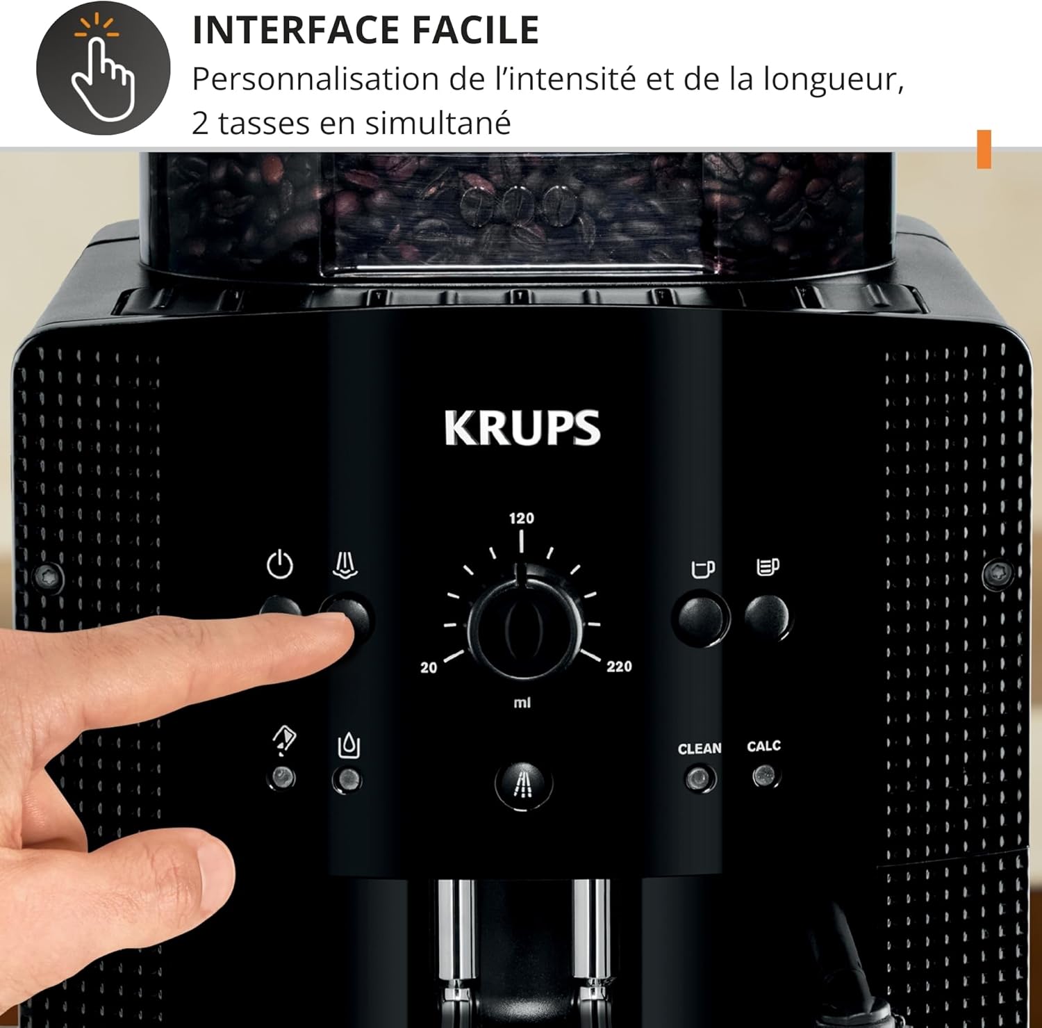 Krups Machine à café grain, 1,7 L, 2 tasses en simultané, Nettoyage automatique, Buse vapeur pour Cappuccino, Cafetière espresso, Essential noire YY8125FD