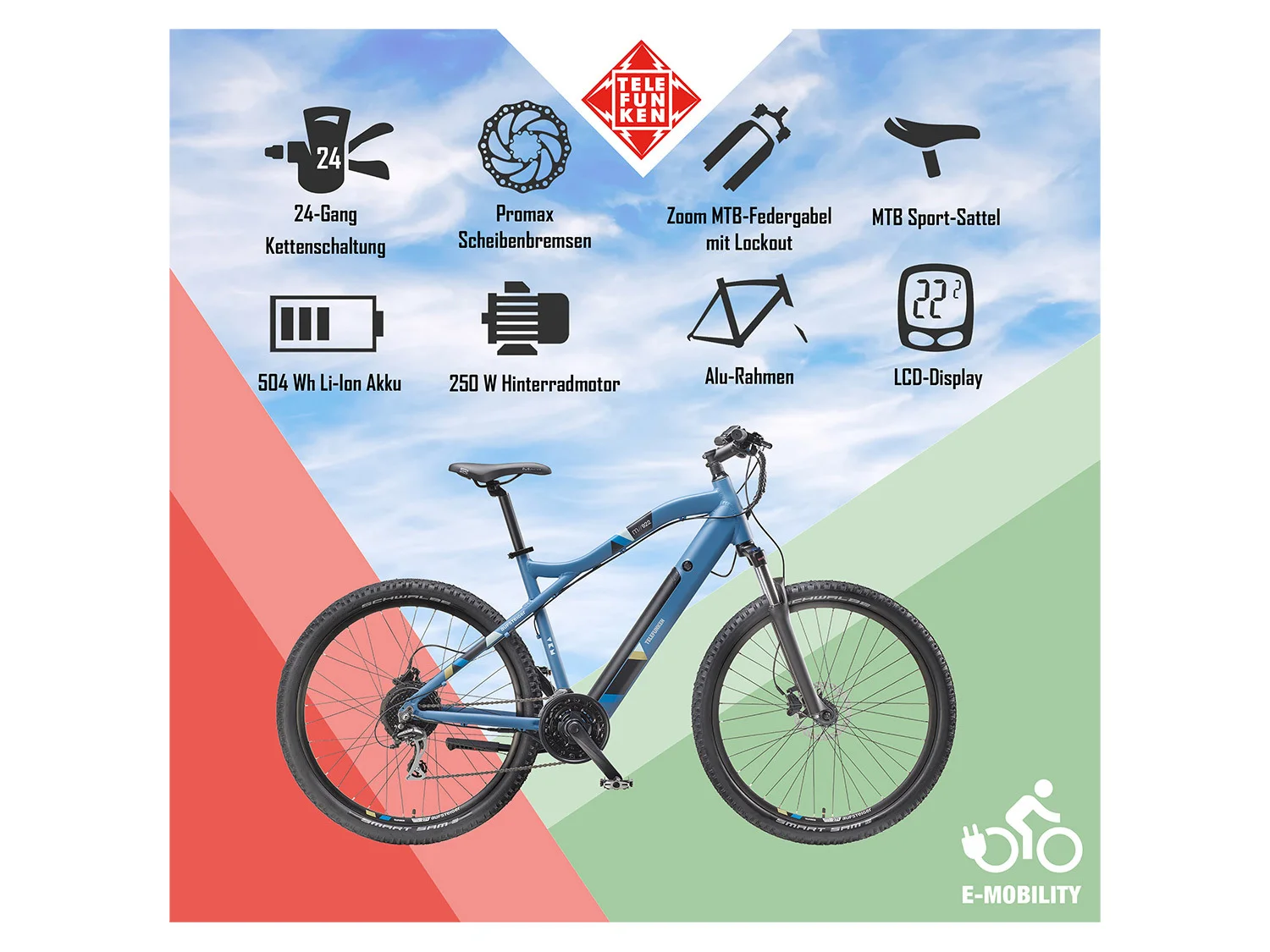 TELEFUNKEN E-Bike Mountainbike Aufsteiger M922, MTB, 27,5 / 29 Zoll