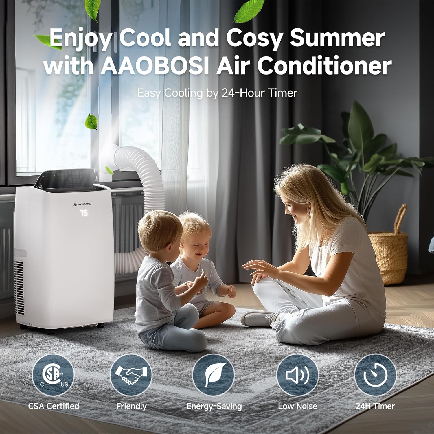 AAOBOSI 14,000 BTU Portable Air Conditioner with Heater & Dehumidifier, 6-in-1 Cooling Unit for Large Room up to 350 Sq.Ft, Quiet 45dB, Smart App Control, Window Kit & Wheels Included
