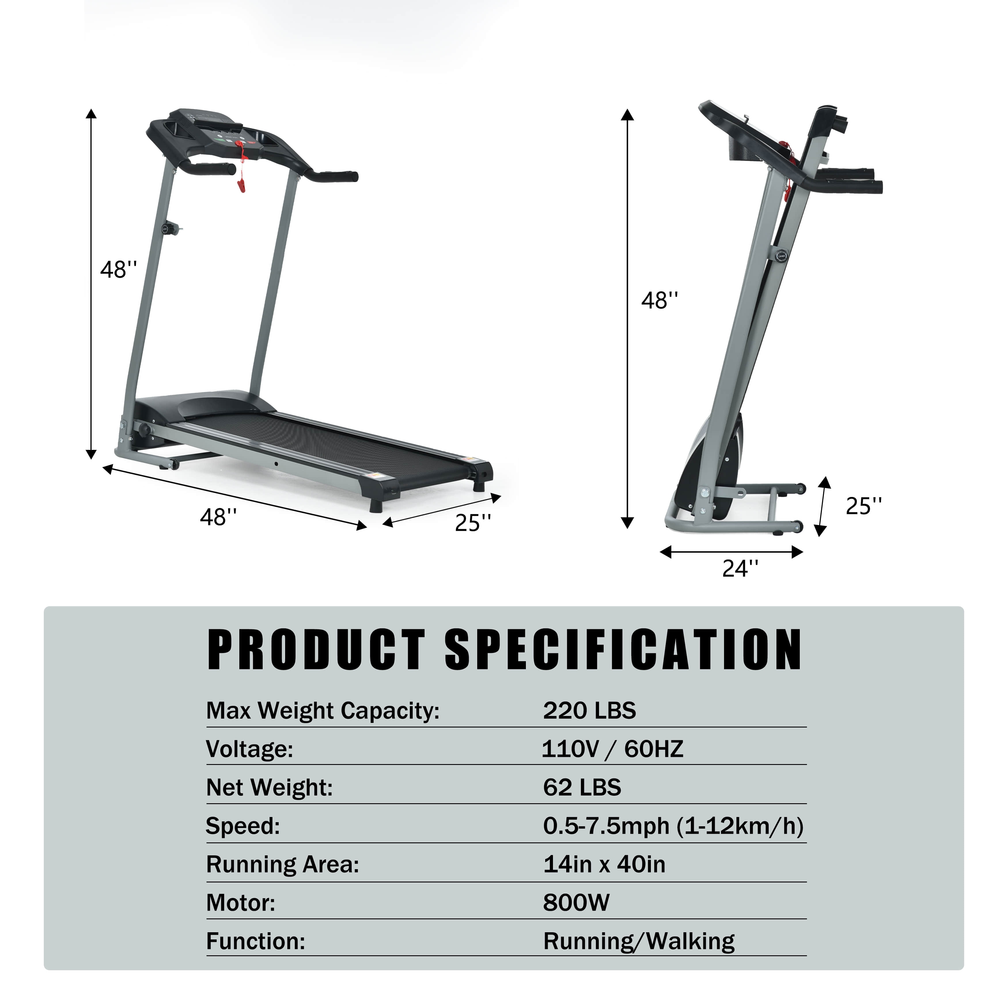 800W Folding Treadmill Electric Motorized Power Running - 48L x 25W x 48H