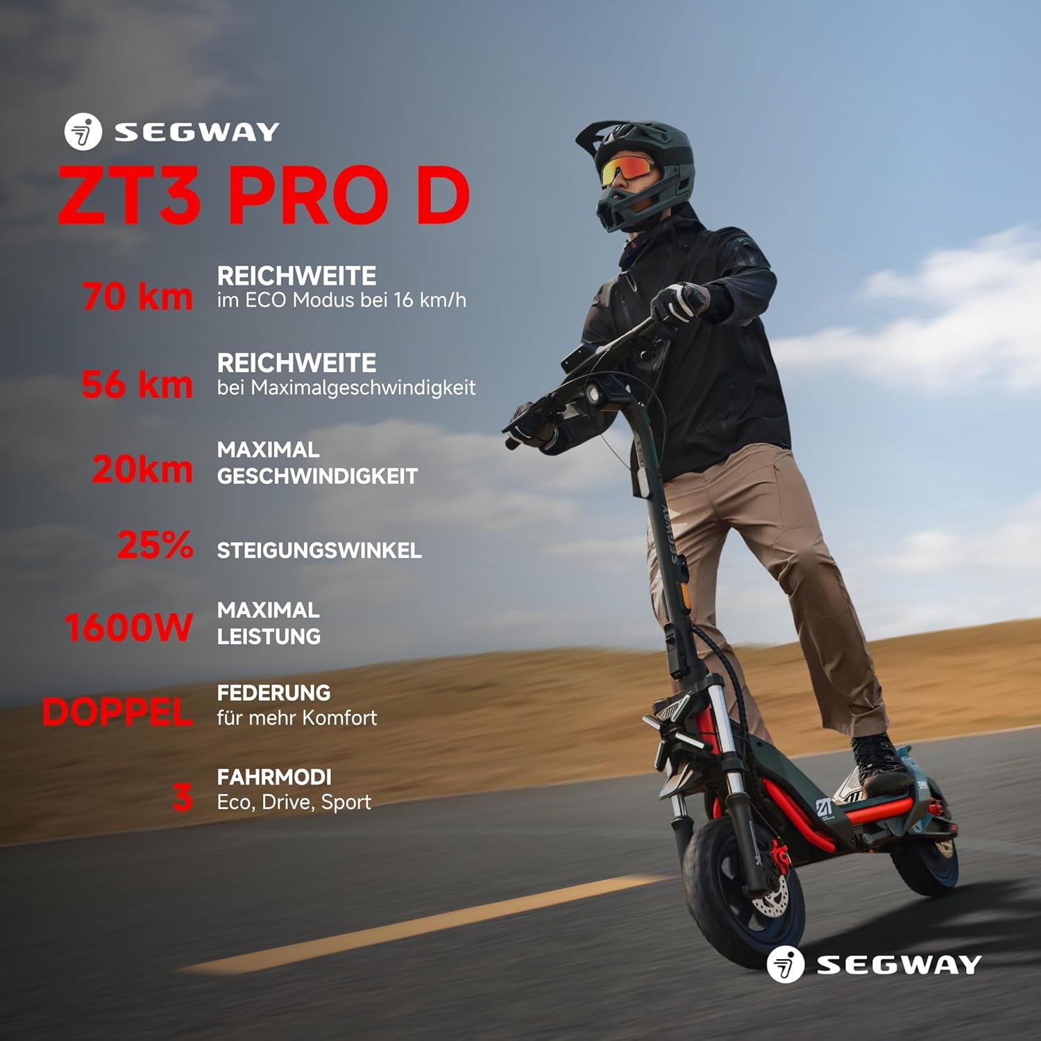 Segway ZT3 Pro D, E-Scooter mit Straßenzulassung, 70 km Eco- Reichweite, 56km Reichweite bei 20km/h, Vollfederung, 120 kg Tragfähigkeit, 25% Steigung, Apple FindMy,Offroad-Reifen, wasserfest, Ninebot