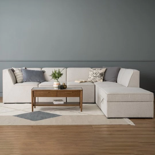 L-Shaped Modular Sofa with Storage Ottoman, Beige