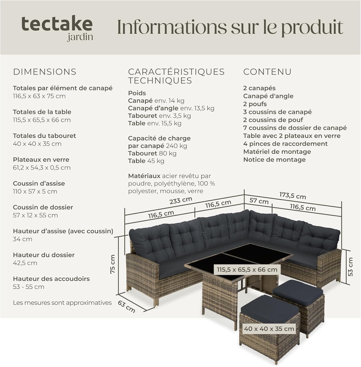 TecTake Salon de Jardin en Rotin Modulable